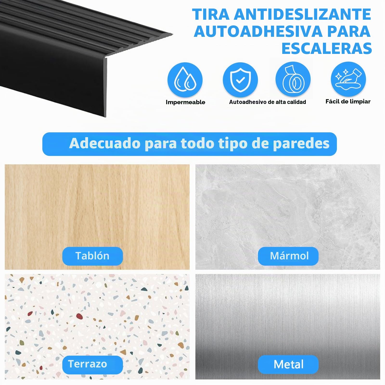 Perfil para Bordes de Escaleras Autoengluible 4M, 45x50mm Perfil Antideslizante para Escalones, Banda de Bordes de Escaleras de PVC, Protección de Bordes de Escaleras, Negro