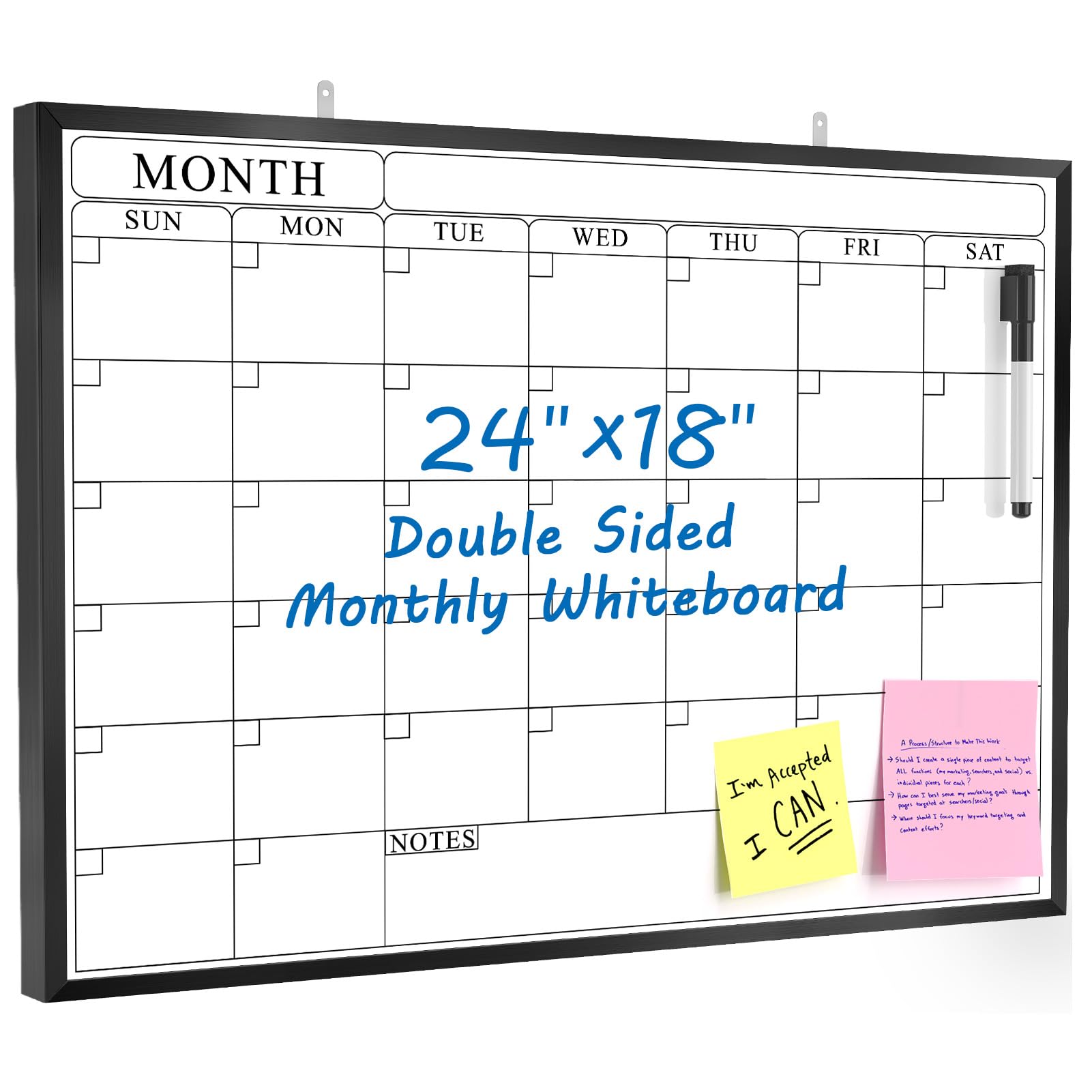 MaxGear Dry Erase Calendar Board 24" x 18" Magnetic Monthly Double-Sided Calendar Whiteboard with Black Aluminum Frame for Wall, Classroom, and Office
