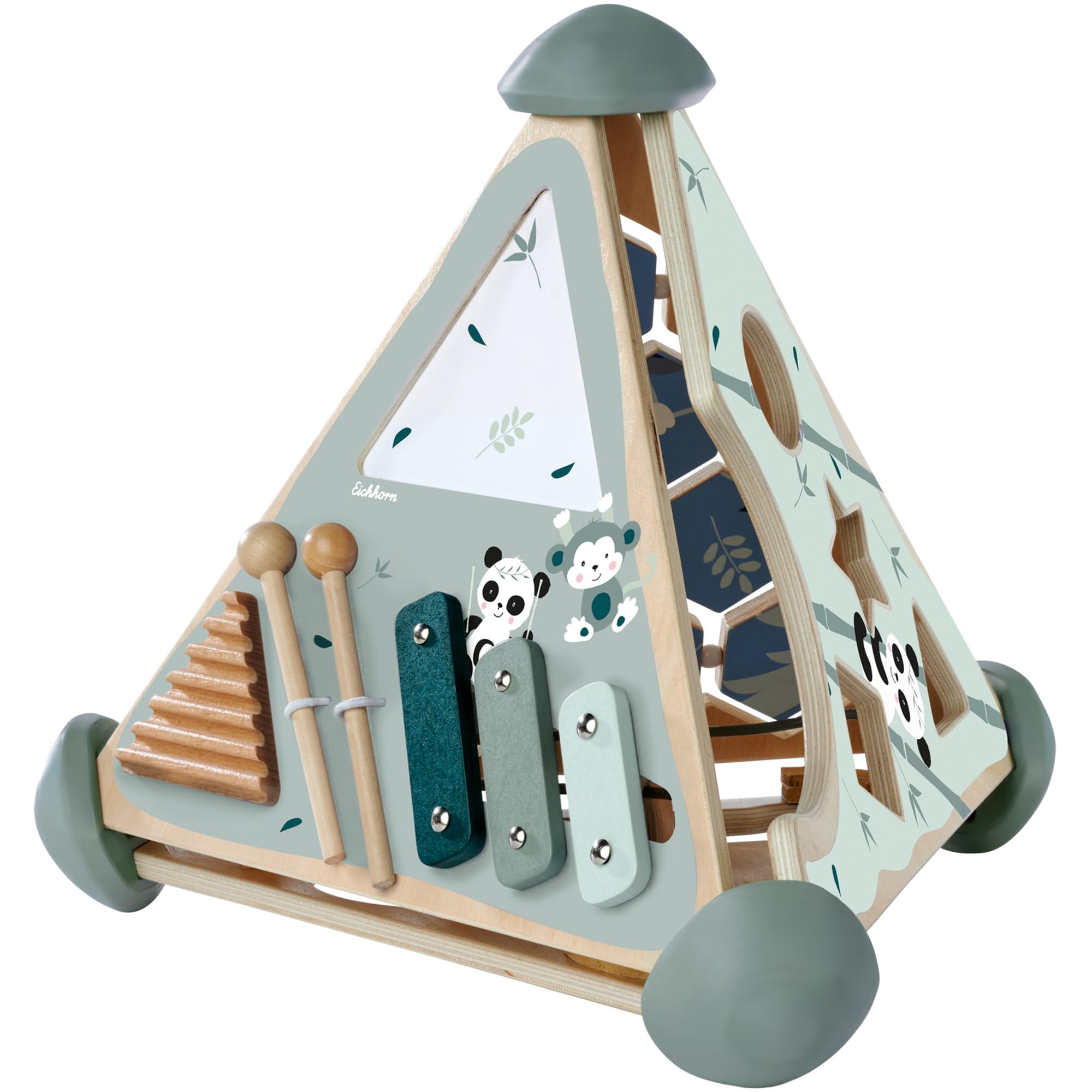 Eichhorn 100003812, Spielcenter Pyramide mit Kugelbahn, Musikfunktion und Steck, sowie Memospiel, 16-TLG., 33x33x38 cm, fördert Feinmotorik und Koordination, aus Birkenholz, ab 1 Jahr