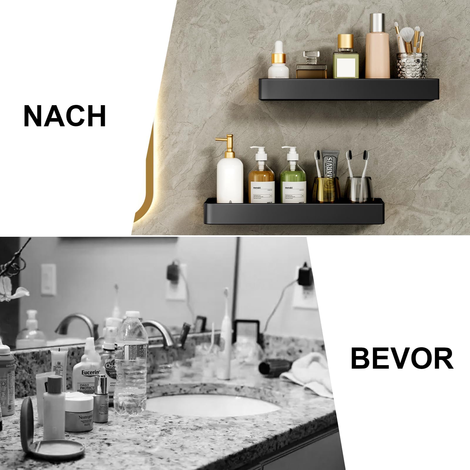 devesanter Mensola doccia senza foratura, 2 scaffali da 40 cm, scaffale da bagno con porta asciugamani e 4 ganci per camera da letto, soggiorno e cucina, bagno organizzatore (bianco