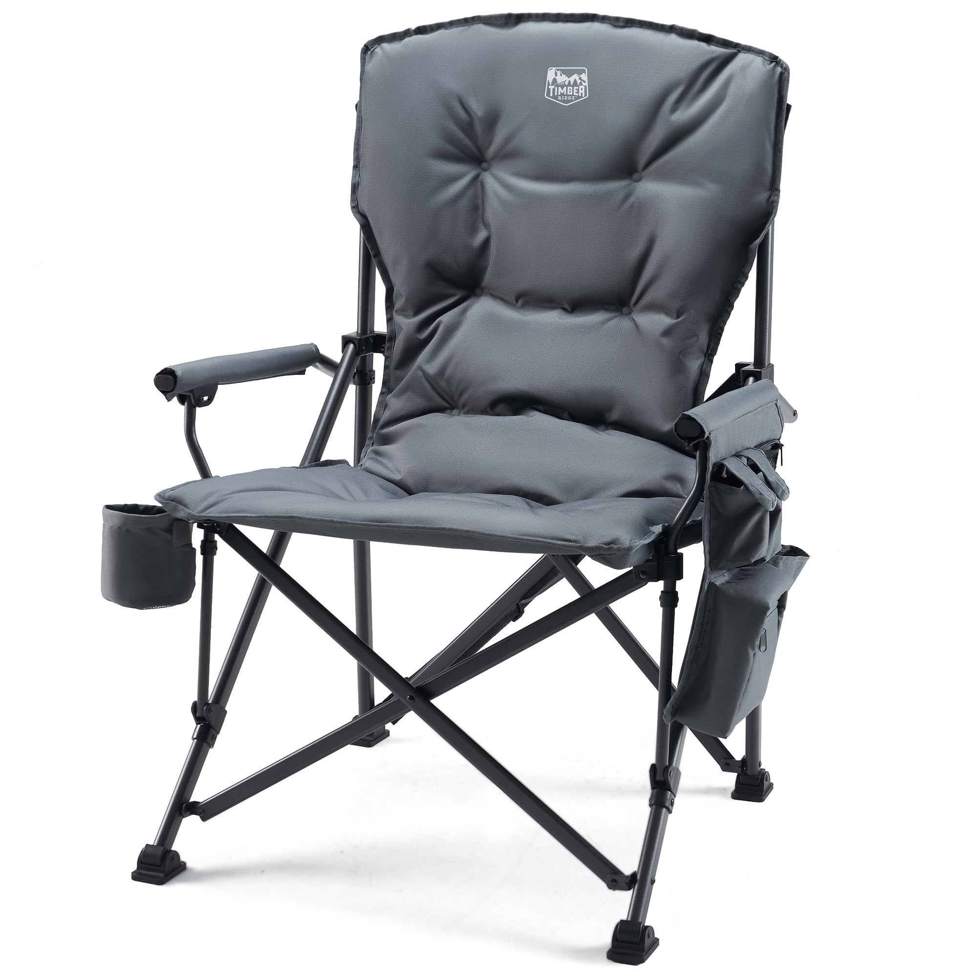 TIMBER RIDGE Campingstuhl Faltbar 4cm Gepolsterter Klappstuhl Camping 62cm Breiter Sitz & 68cm Hohe Rückenlehne Faltstuhl Belastbar bis 230kg mit Kühltasche & Getränkehalter für Camping Angeln Garten