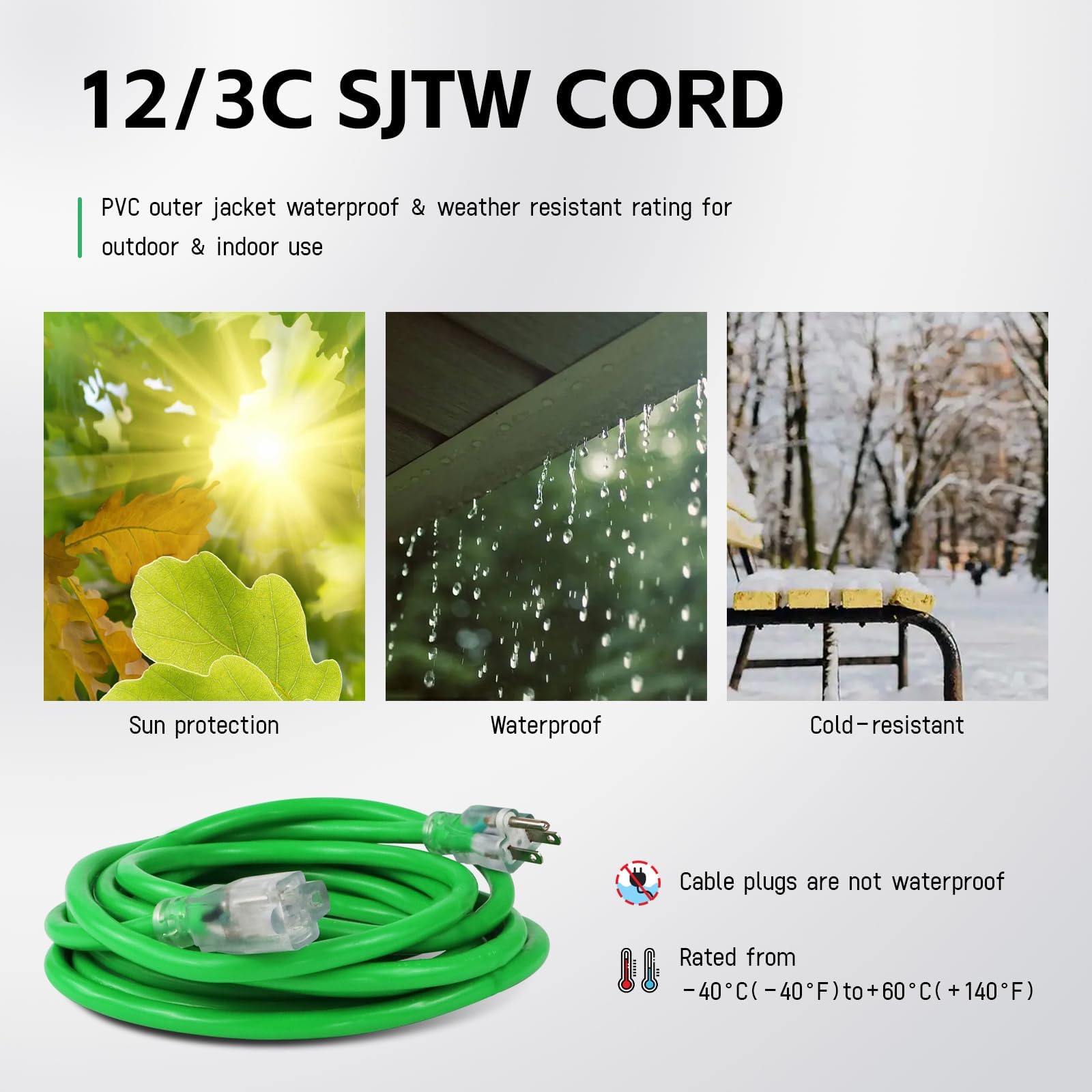 EP - Cable de extensión para exteriores iluminado de 25 pies, 12/3 SJTW, cable de extensión verde resistente con enchufe de tierra de 3 clavijas, cable de alimentación para césped, jardín,