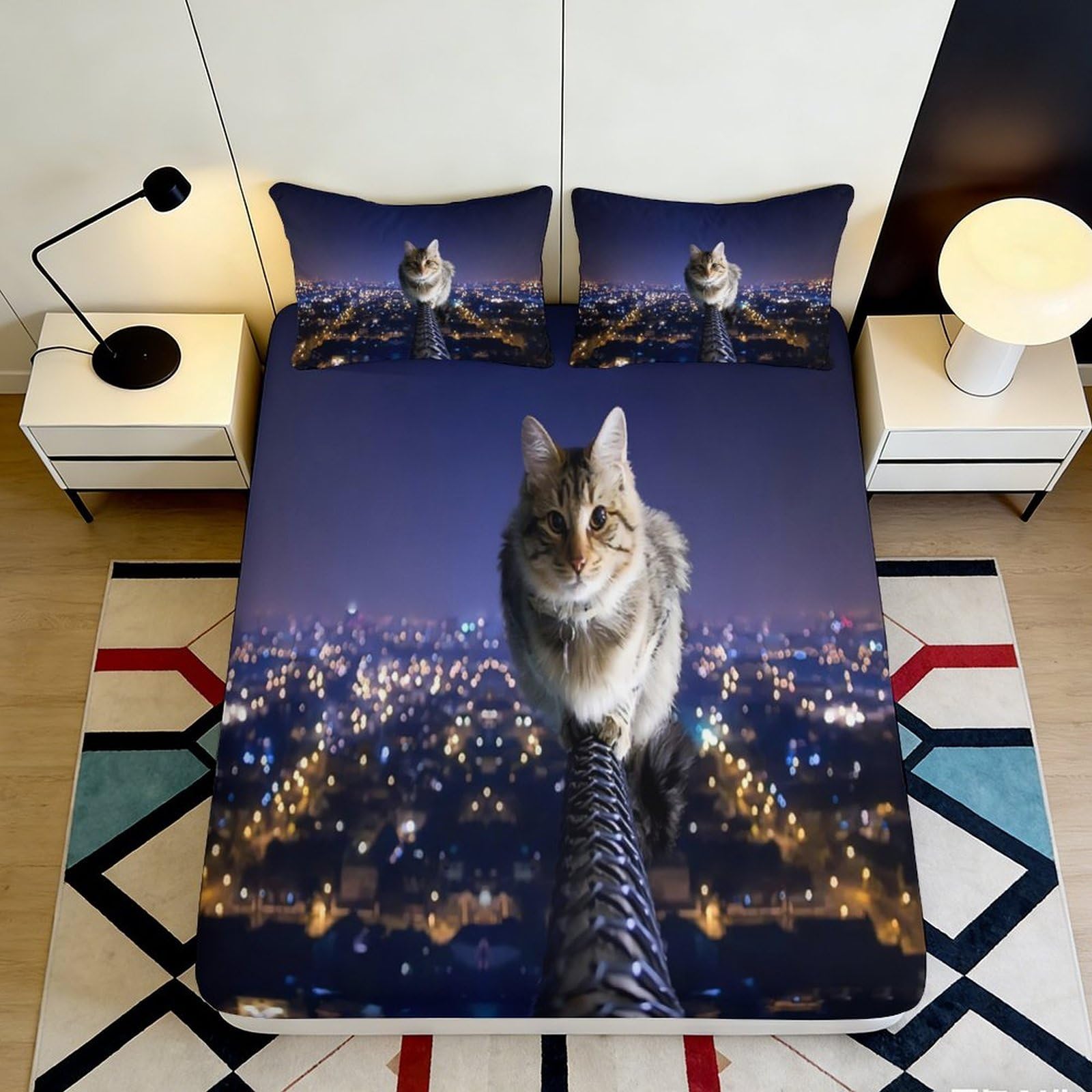 3D Printed City Cat Fitted Sheet Microfiber Deep Pocket Bedroom Set Urban Night Mattress Fitted Cover Elastic Hem Washable 140x200x25cm