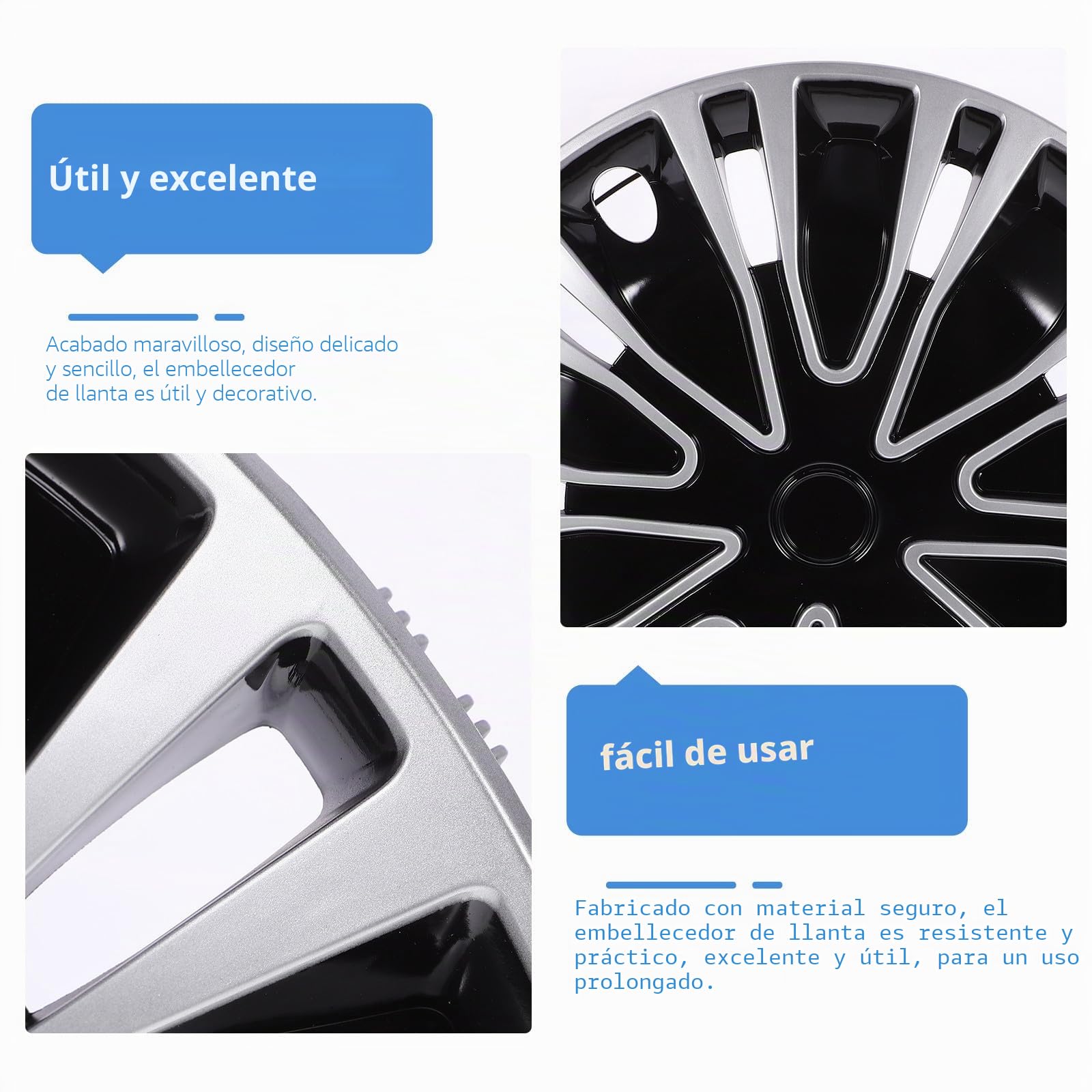 Tapacubos de Automóvil 15 Pulgadas PP Decorativo Negro BK | 1, Compatible Buje de 15 Pulgadas, Cubiertas para Rueda de Coche, Acabado Plata y Negro