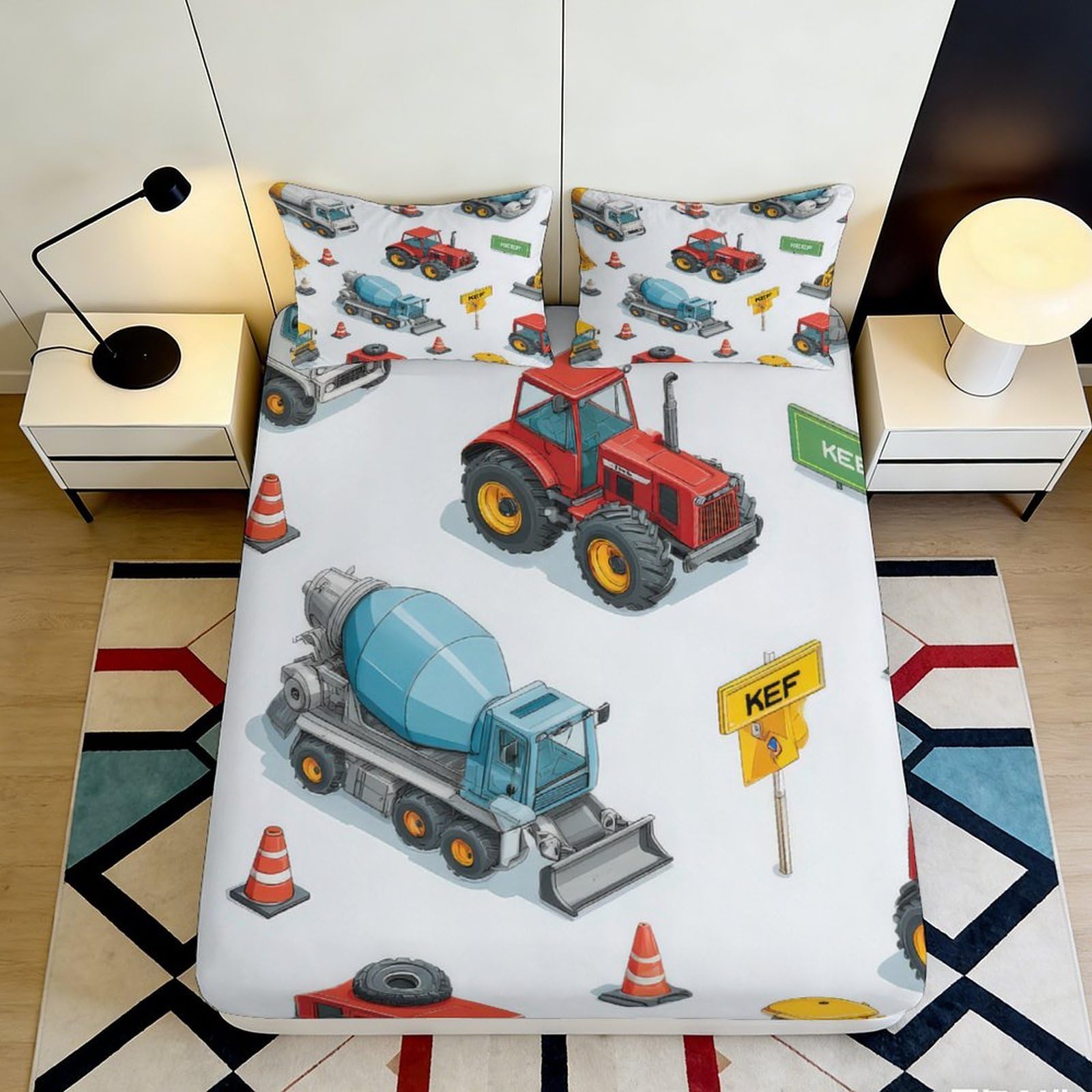 3D Printed Construction Vehicles Fitted Sheet Microfiber Soft Durable Industrial Trucks Bed Cover for Bedroom Dormitory Guest Room Mattress Protection 120x200x25cm