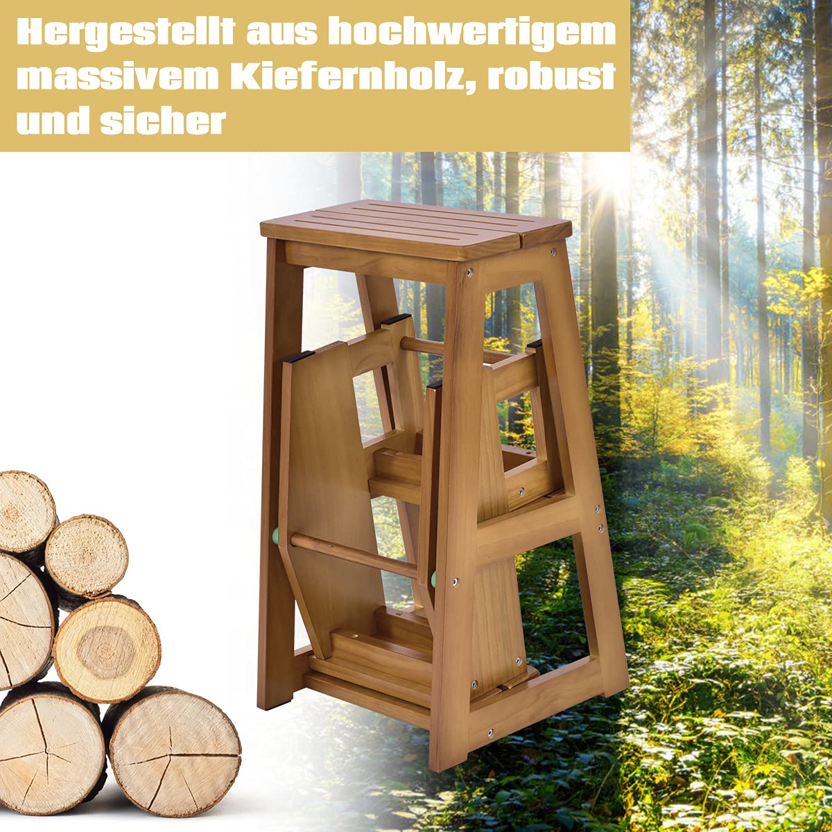 DREAMADE dreistufiger Tritthocker Klappstufen, Trittleiter aus Holz, Treppenstuhl klappbar, Leiterstuhl Hockerleiter Klapphocker, Faltstuhl Trittstuhl Haushaltstritt mit 3 Stufen (Walnuss)