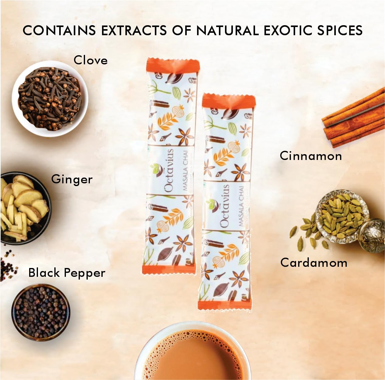 Octavius No Added Sugar Indian Masala Chai Premix – 25 Sachets | Low Sugar Instant Beverage | Authentic Indian Spice Blend | 1-Minute Recipe Ready Mix | Convenient Single-Serve Pouches | Economy Value Pack. - Image 4 thumbnail