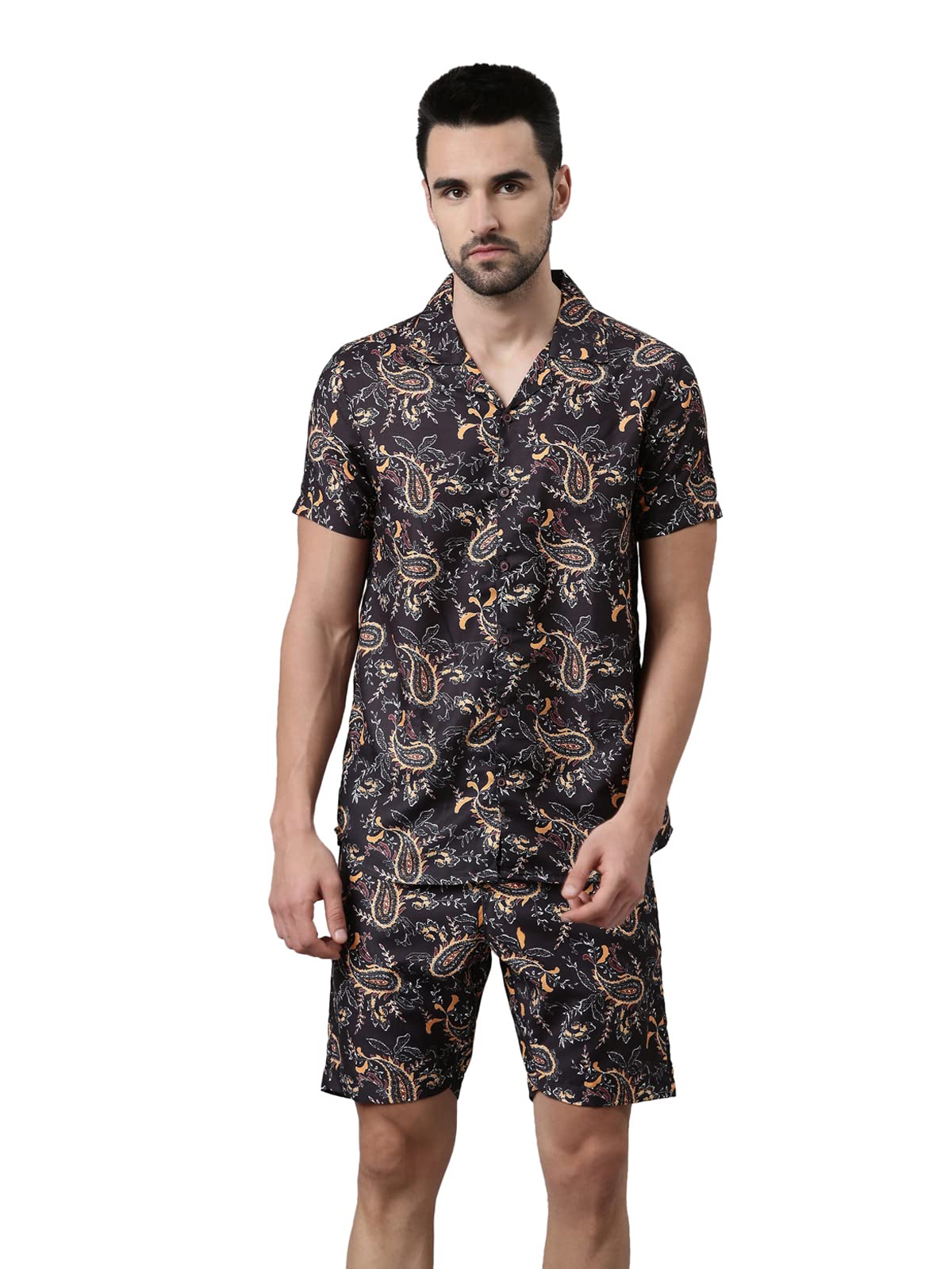bushirt Men's Black Rayon All-Over Printed Pajama Set, Short Sleeves Button Front Night Suit, Relaxed Fit Co-Ords with Chinese Collar & Elastic Waist Pajamas, Stylish & Comfortable Sleepwear - M-picture-26