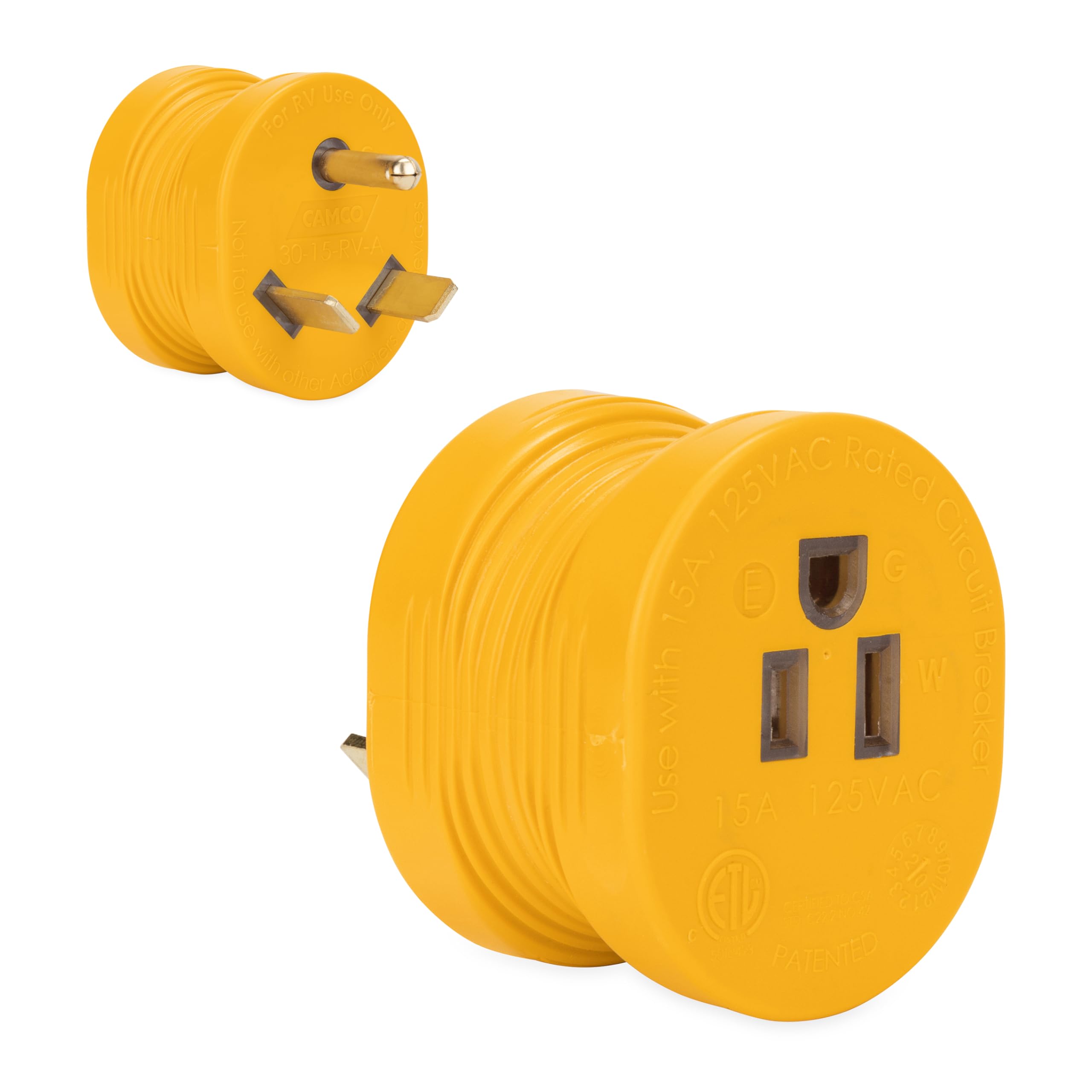 PowerGrip 30AM/15AF Camper & RV Electrical Adapter Features 30-amp male (NEMA TT-30P) & 15-amp female (NEMA 5-15R) Connections - Designed w/Non-Slip Grooves for Easy Removal - 125V/1875W (55233)