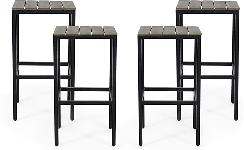Christopher Knight Home Frieda Outdoor Modern Industrial Acacia Wood Bar Stools (Set of 4), Gray Finish + Black