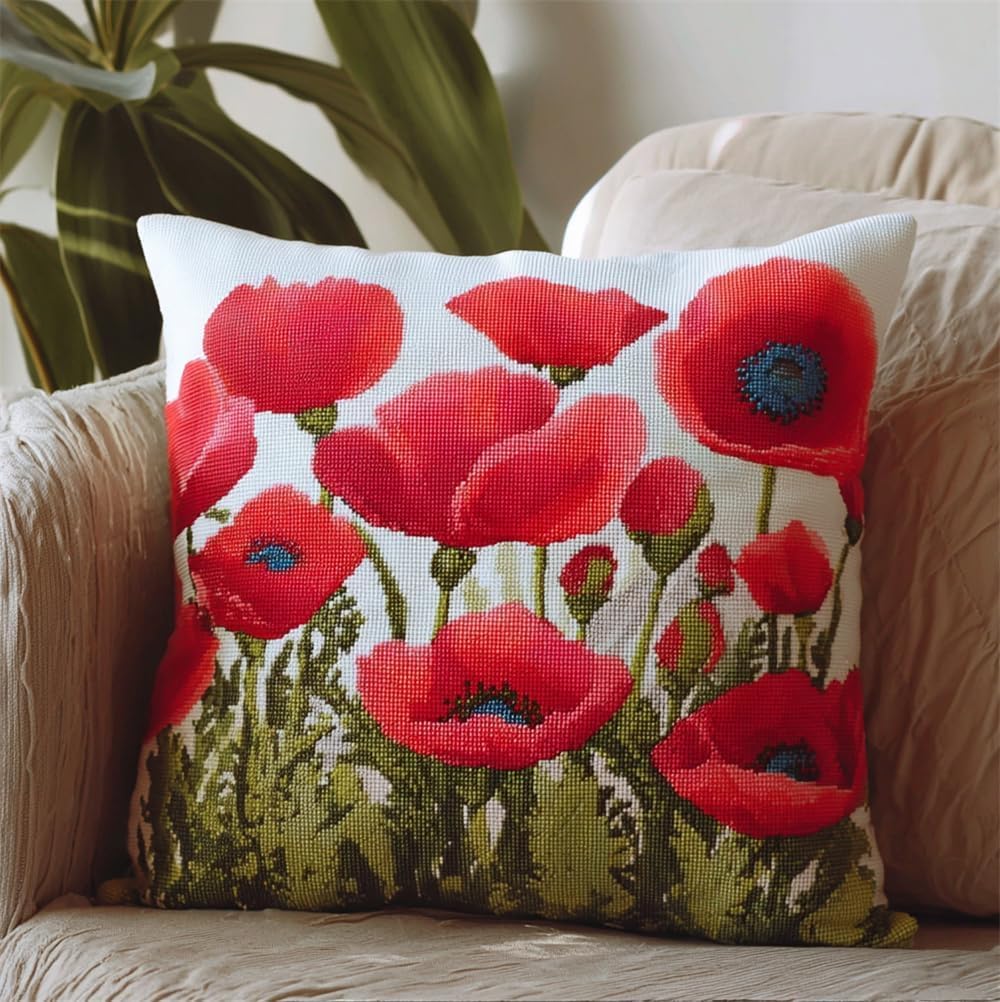 FWRTYCB Latch Hook Pillow Kit,Poppy Flower Sea DIY Needlework Pillow Cover