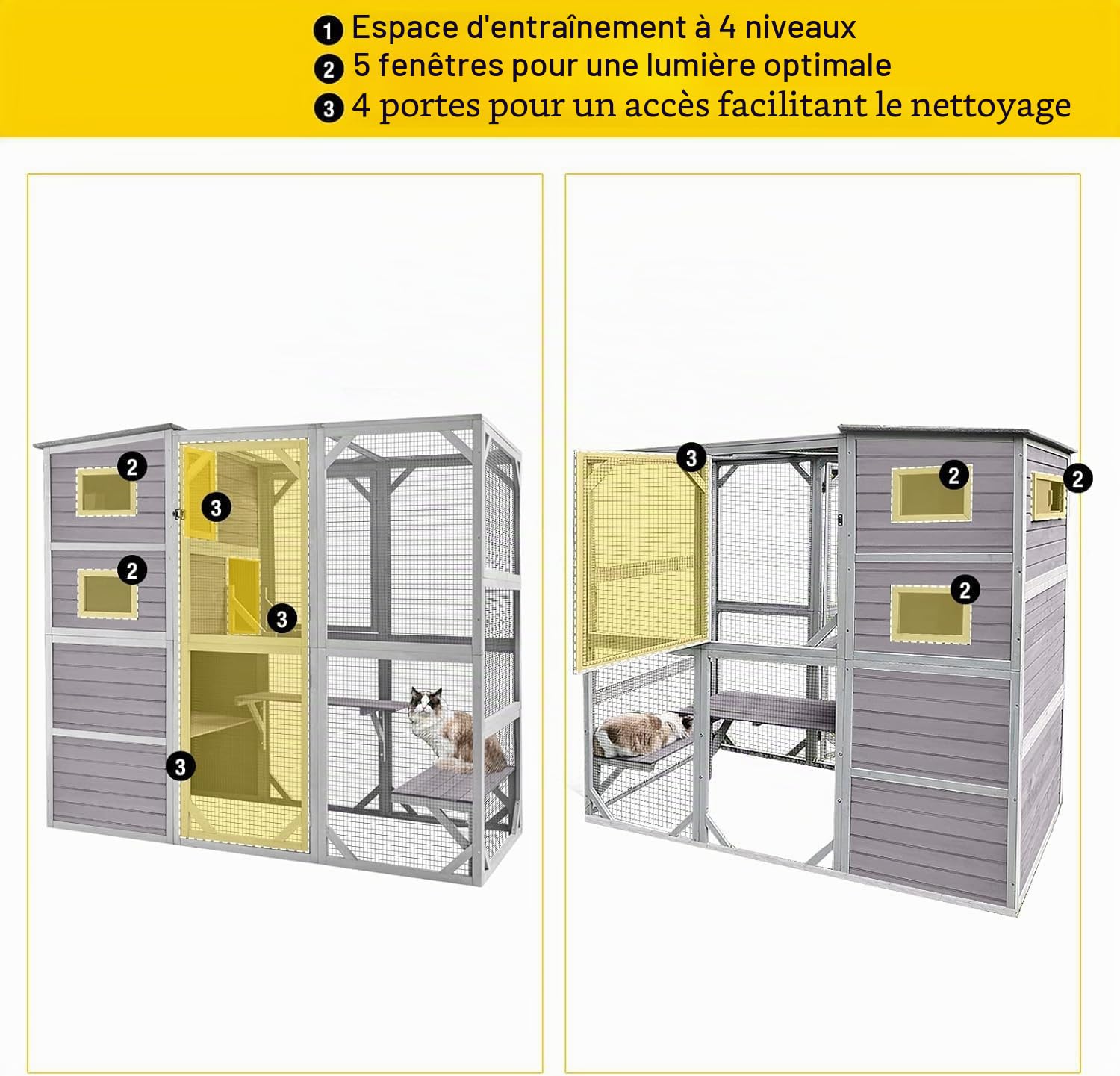 Catio Niche d'extérieur pour chat avec 4 niveaux pour intérieur et extérieur avec toit résistant aux intempéries et pièce spacieuse