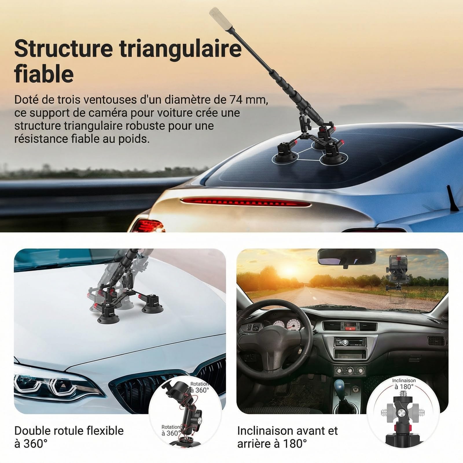 NEEWER Kit de Support Triple Ventouse Camera Voiture avec Perche d'Extension 2 en 1, Libération Rapide, Bras Magique pour Action Caméra, Fixation Triple Ventouse Compatible avec GoPro Insta360, CA065