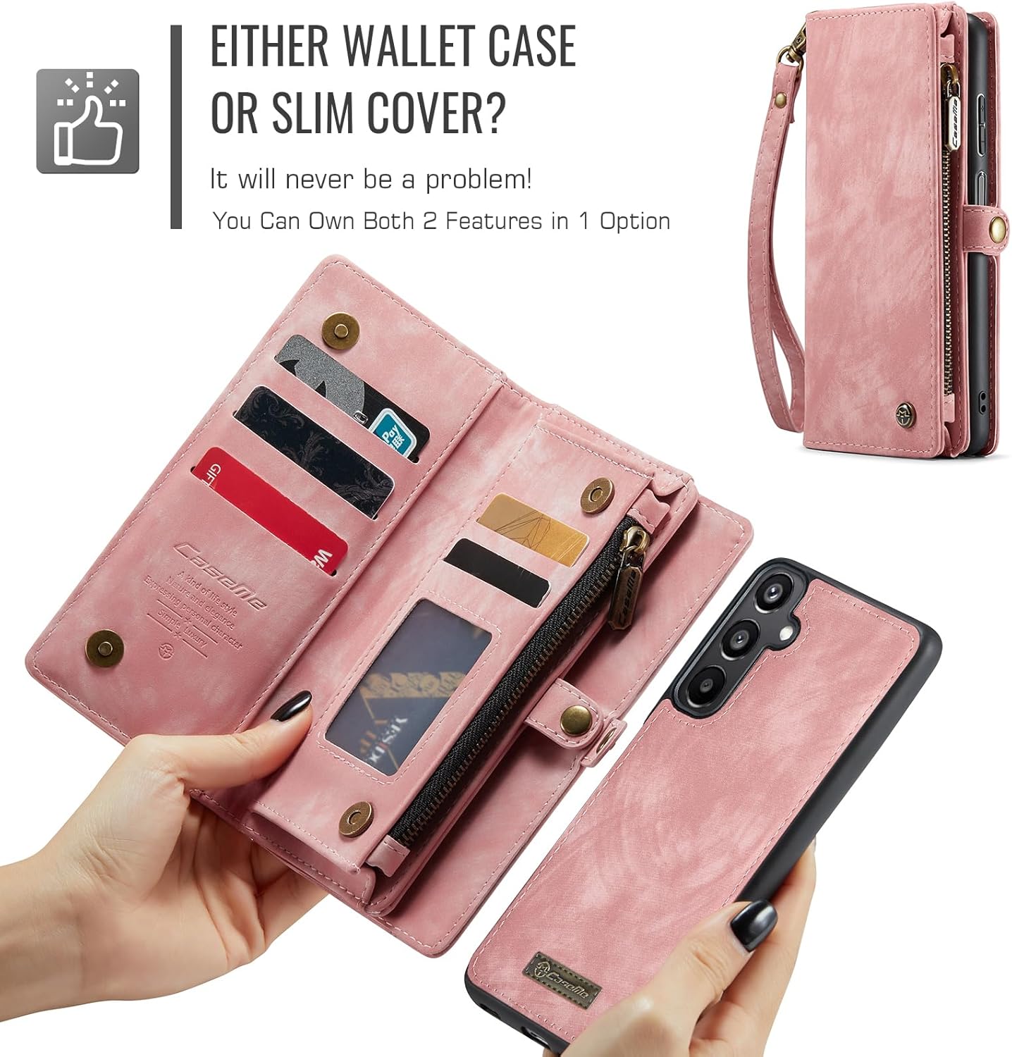Kowauri Wallet Case for Samsung Galaxy A16 5G, Zipper Purse Folio Leather Wallet with Card Holder Wrist Strap Detachable Magnetic Shockproof Protective Back Case for Samsung Galaxy A16 5G (Pink)