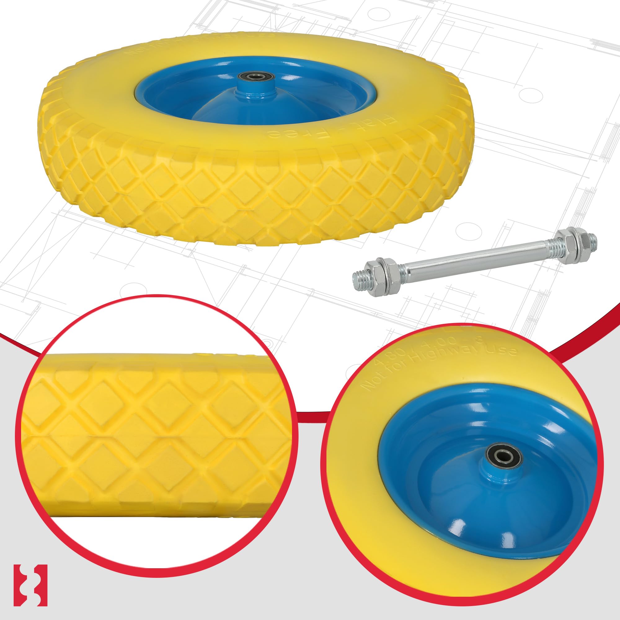 KOTARBAU® Roue de brouette 4.80/4.00-8 - Pneus en polyuréthane renforcé - Diamètre 390 mm - 200 kg - Roue complète avec axe