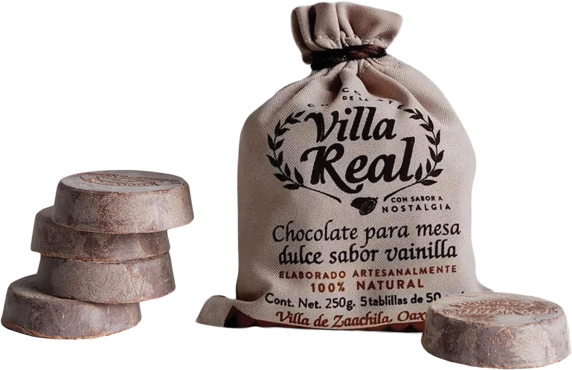 Verve Culture's Villa Real Mexican Chocolate, 5 discs - Vanilla, Net Wt 250g / Authentic Mexican Hot Cocoa Discs from Oaxaca - No Preservatives, Artificial Flavors, Colors or Other Additives