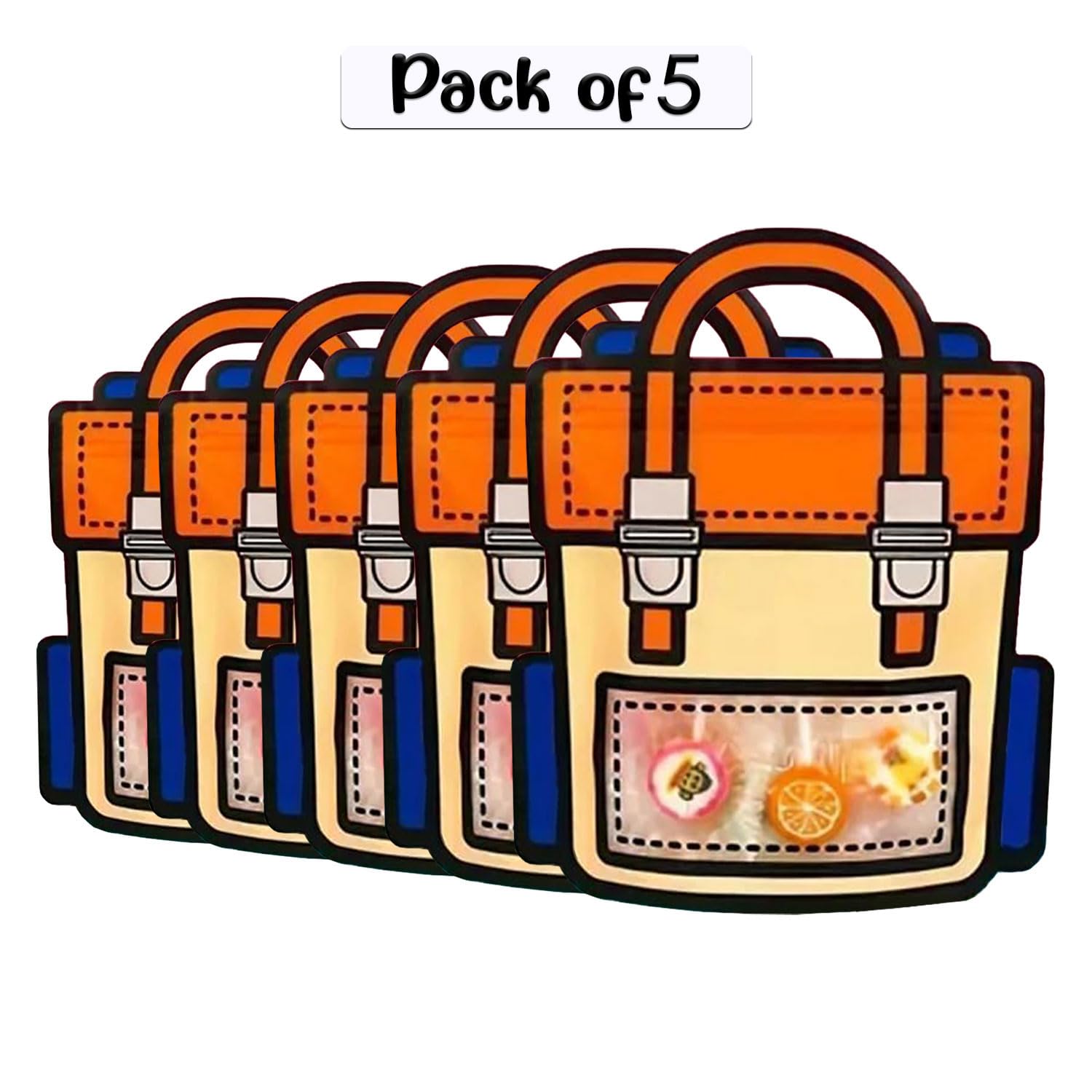 SKY FLEXI PACK – 5 Pcs, Small, School Bag Themed Candy & Cookie Bags (18cm x 21cm, Orange) – Perfect Goody Bags for Kids, Ideal for Return Gifts for Birthday and Party Favors 1