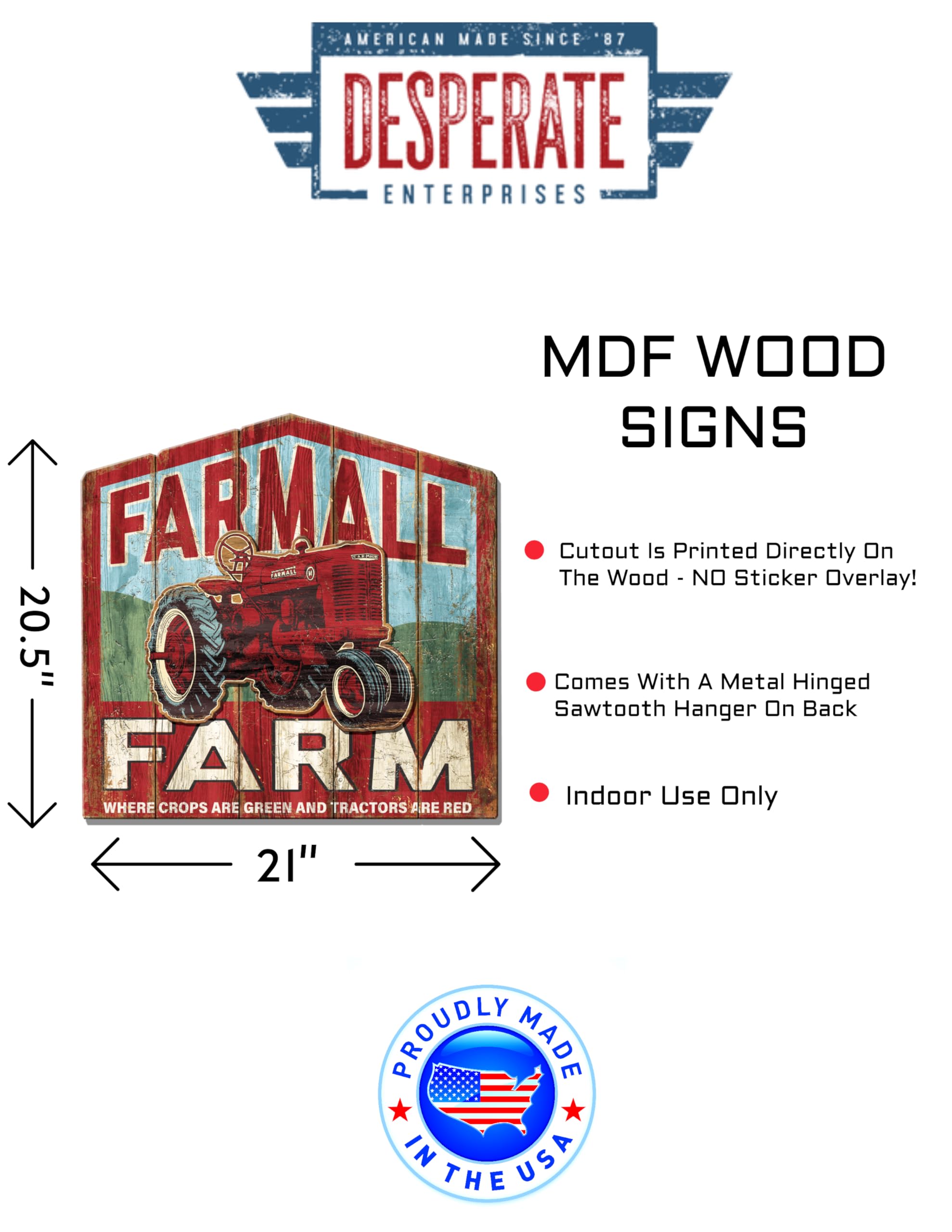 Desperate Enterprises Farmall Farm - Letrero de madera MDF - Señales de tractor - Señales vintage nostálgicos - Fabricado en los Estados Unidos