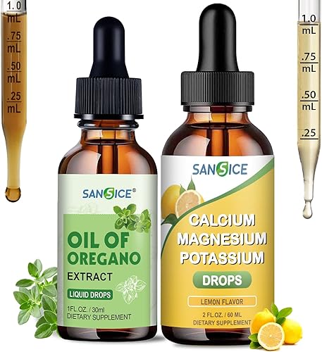 Paquete de gotas de potasio líquido de calcio y magnesio + aceite orgánico de gotas de orégano 1000 potasio 400 mg magnesio 600 calcio con CoQ10,
