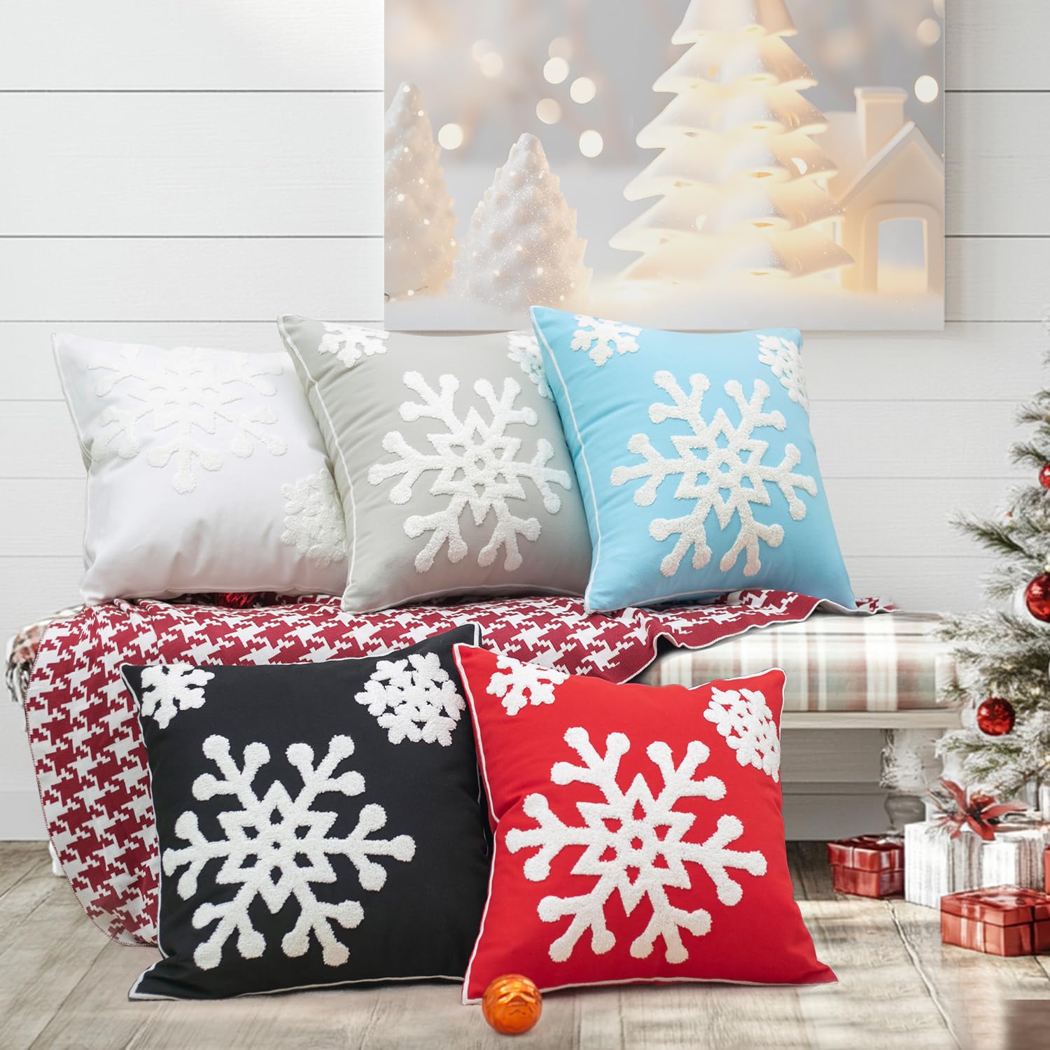 E. vida suave cuadrado Navidad copo de nieve Estilo Algodón Bordado Manta funda de almohada Funda de cojín decorativo 18 x 18 "