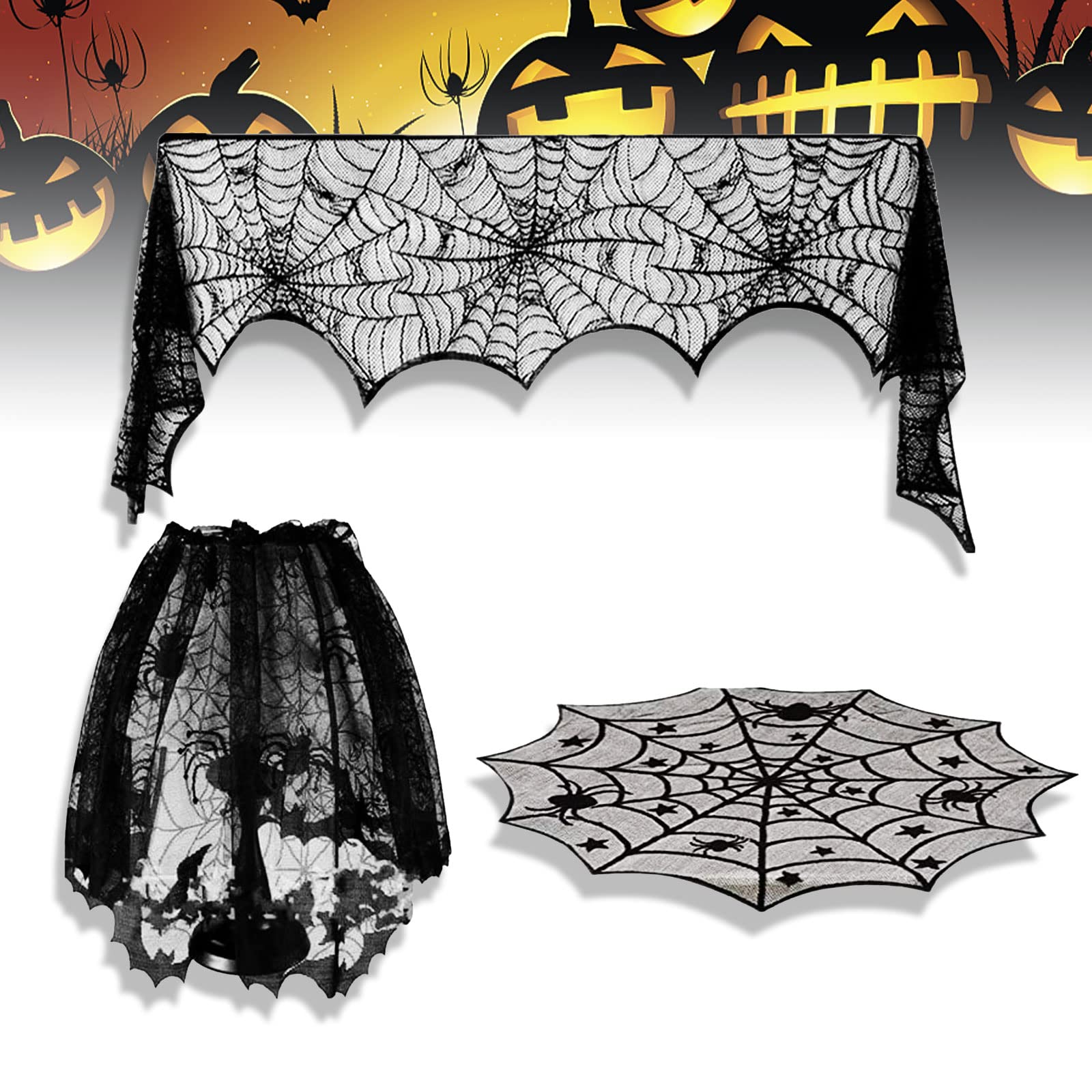 3 Pack Halloween Table Decorations Indoor Spider Web Fireplace Scarf Table Runner Halloween Mantle Scarf Decor for Window Stairs Front Door Lampshade Halloween Table Decorations
