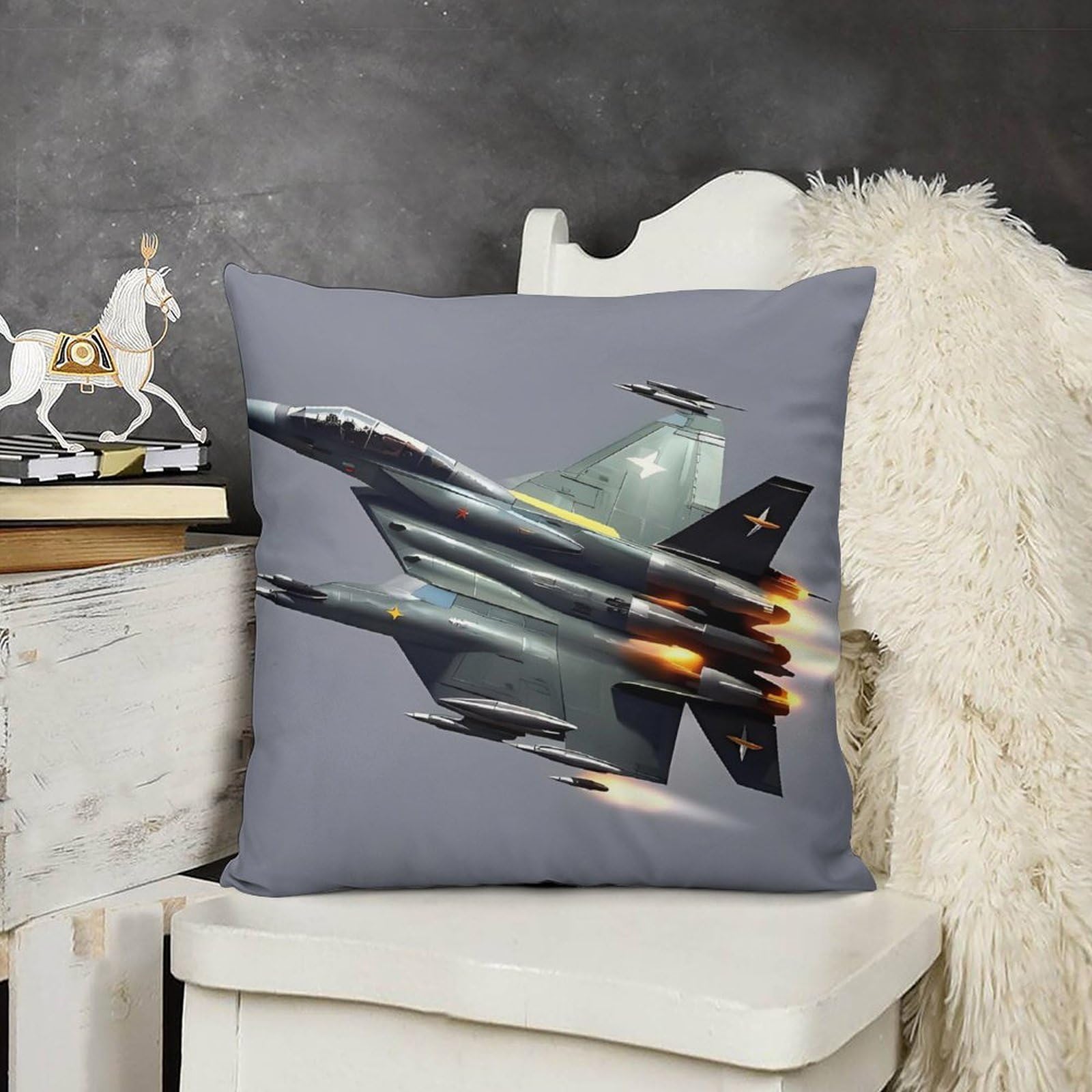 FodPand Decorative Jet Fighter Throw Pillow Covers 26x26 Soft Plush Cozy Cushion Cases with Invisible Zipper Body Pillowcase Square Accent Pillow Shams for Couch Sofa Bedroom Living Room