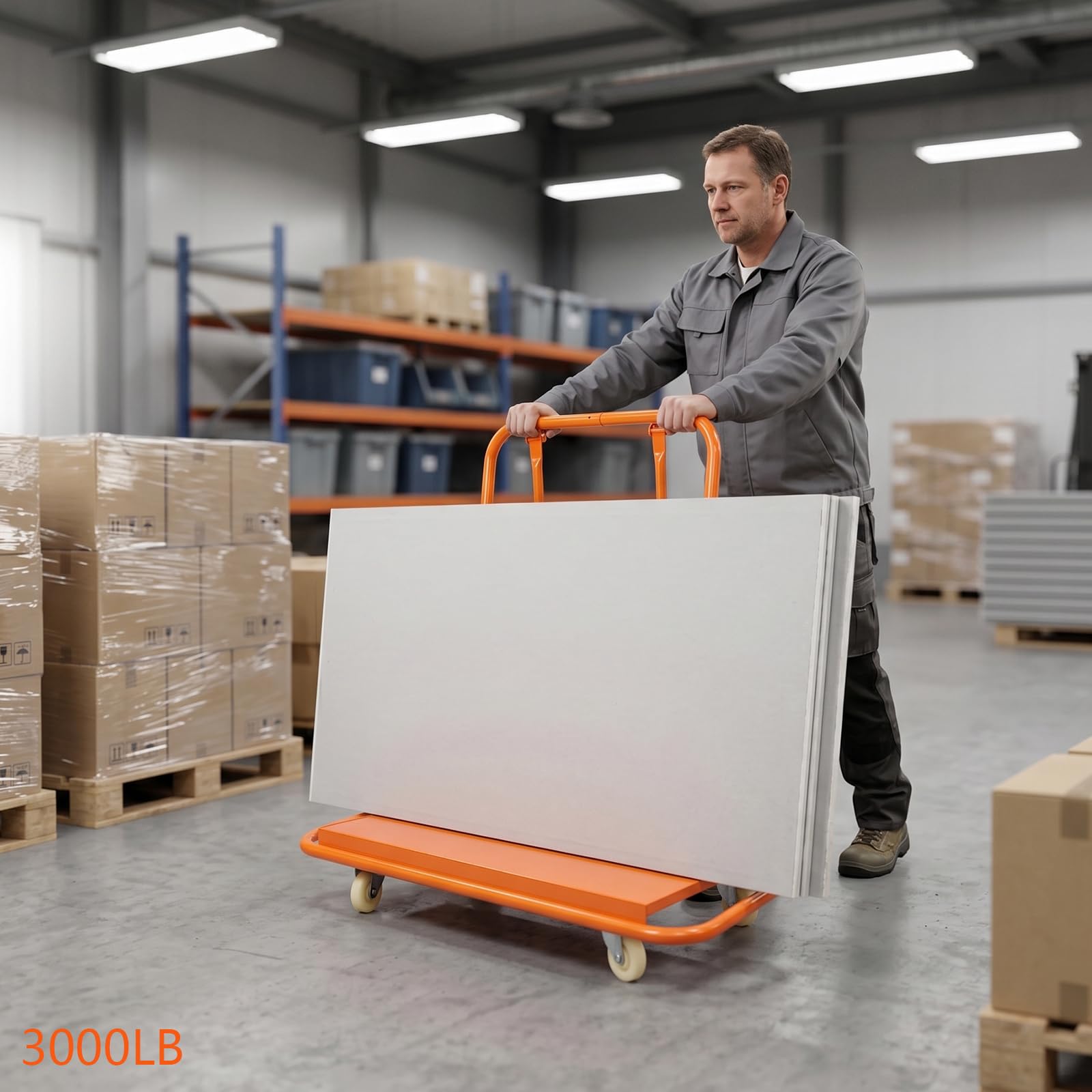Carretilla con 4 ruedas, capacidad de carga de 1360 kg | 17 x 58 x 119 cm carro de transporte para placas de yeso, para el manejo de madera contrachapada, placas de yeso, vidrio