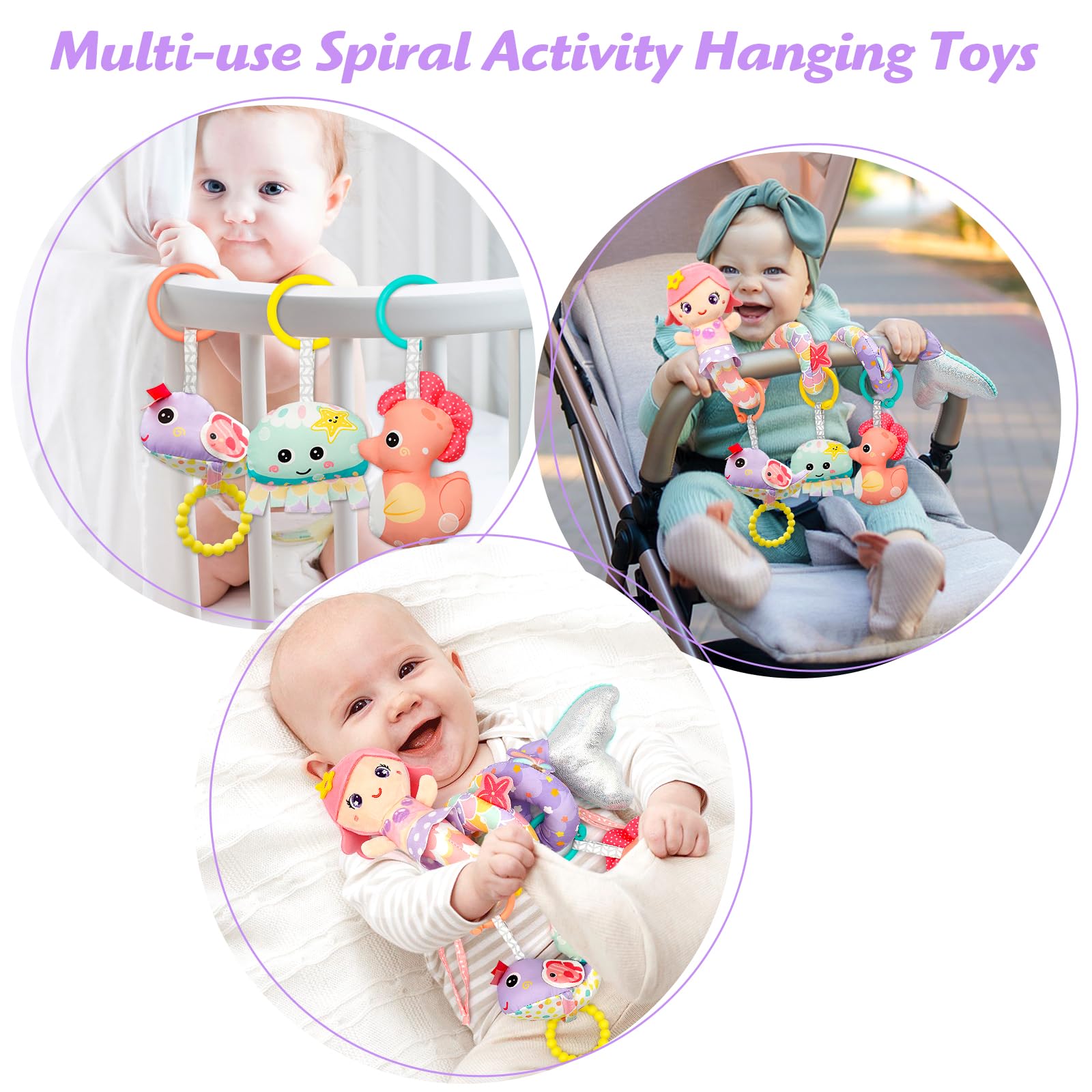 MONSTIME Car Seat Toys for Babies 0-6 Months Boy Girl Carseat Toys Hanging Spiral Stroller Toy, Infant Toy 0-6 Months Baby Newborn 0 3 Month Brain Development with Music Teether Rattle