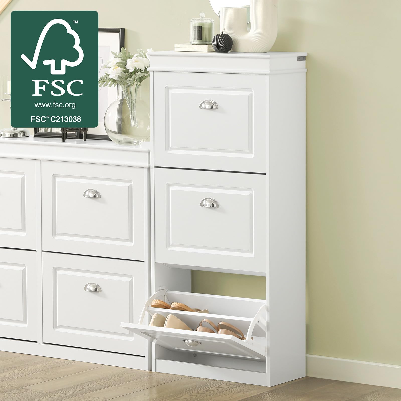 SoBuy Scarpiera Salvaspazio Slim Legno - Mobiletto da Ingresso 3 Ante a Ribalta, Armadio Portascarpe Scarpiera Moderna per Ingresso, Corridoio o Camera da Letto 53x24x117cm Bianca FSR94-W