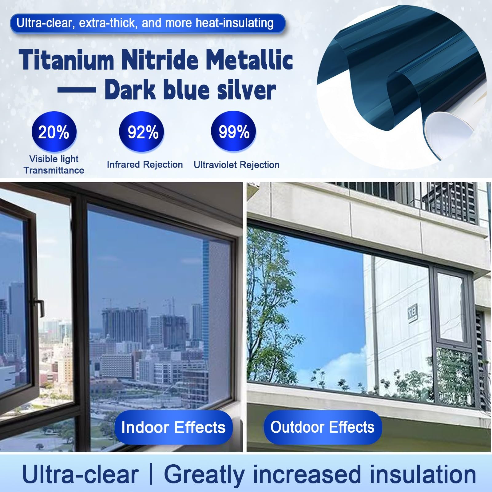 Vinilo para Ventanas 90 x 220 cm Cristal Unidireccional Protector de Privacidad Anti 99% UV y Anti 92% IR Película Electrostática de Cristal para Hogar Oficina, Azul Oscuro