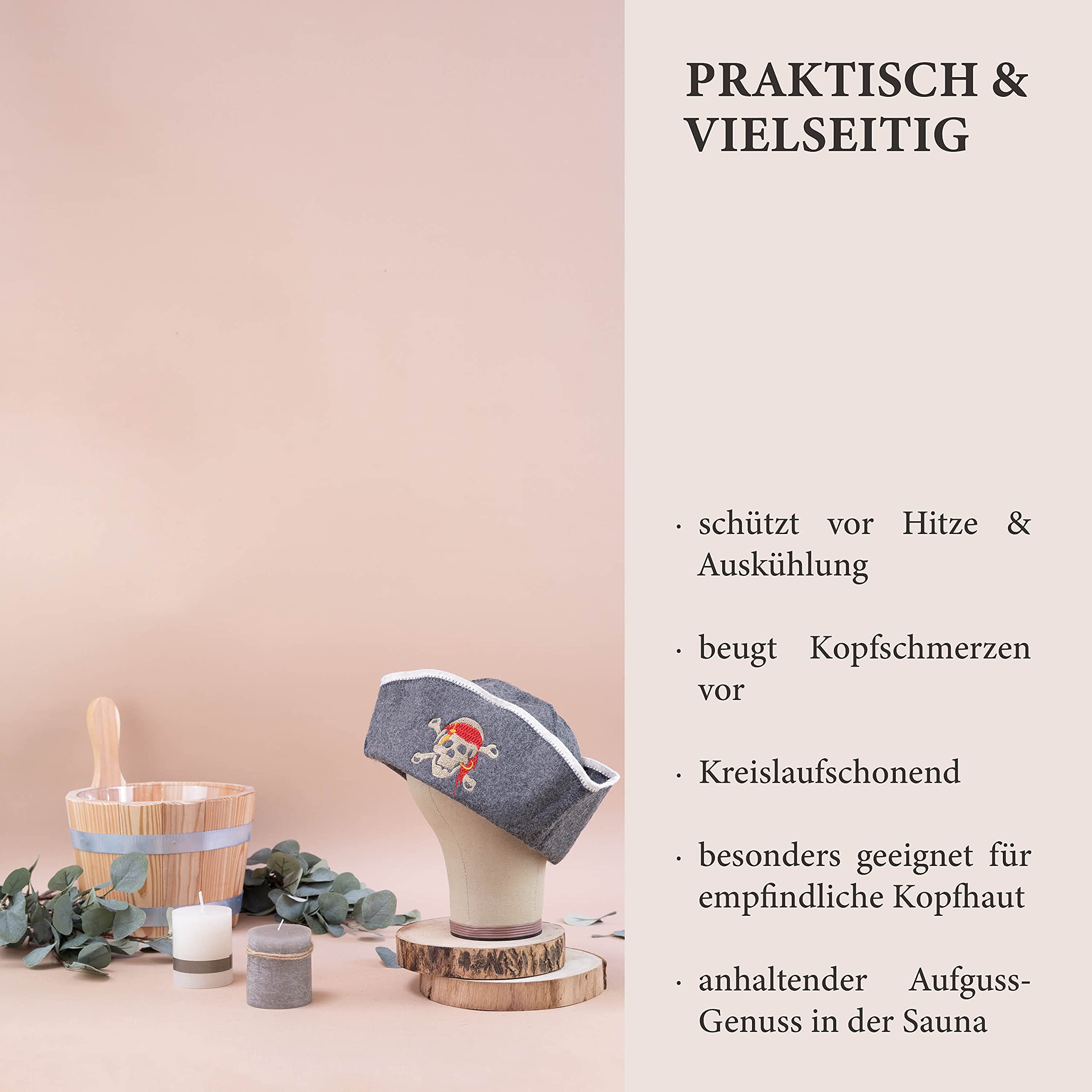 LoWell® czapka do sauny – filcowa czapka dla kobiet i mężczyzn, w zestawie poradnik użytkownika sauny – idealny dodatek do sauny dla wyjątkowego doświadczenia spa – czapka do sauny z motywem pirata