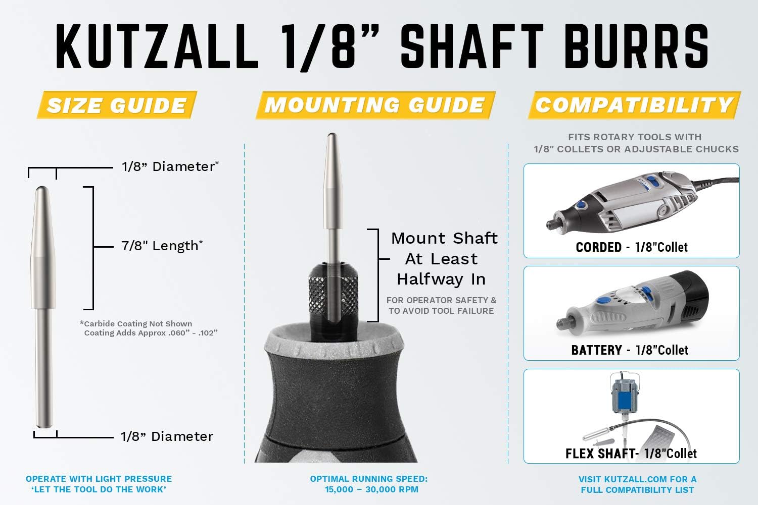 Kutzall Original Taper Rotary Burr, 1⁄8" Shaft, Coarse - Wood Carving Bit for Dremel, Foredom, DeWalt, Milwaukee. Abrasive Tungsten Carbide, 1⁄8" (3.1mm) Head Dia. X 7⁄8" (22.2mm) Length, T-18-E