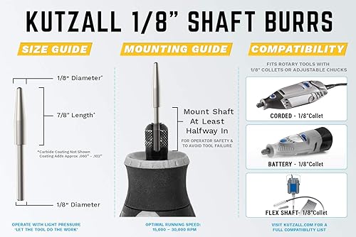 Miniatura 3 de Kutzall Fresa rotativa cónica original, eje de 18 pulgadas, grueso - Accesorio para carpintería para Dremel, Foredom, DeWalt, Milwaukee. Carburo de