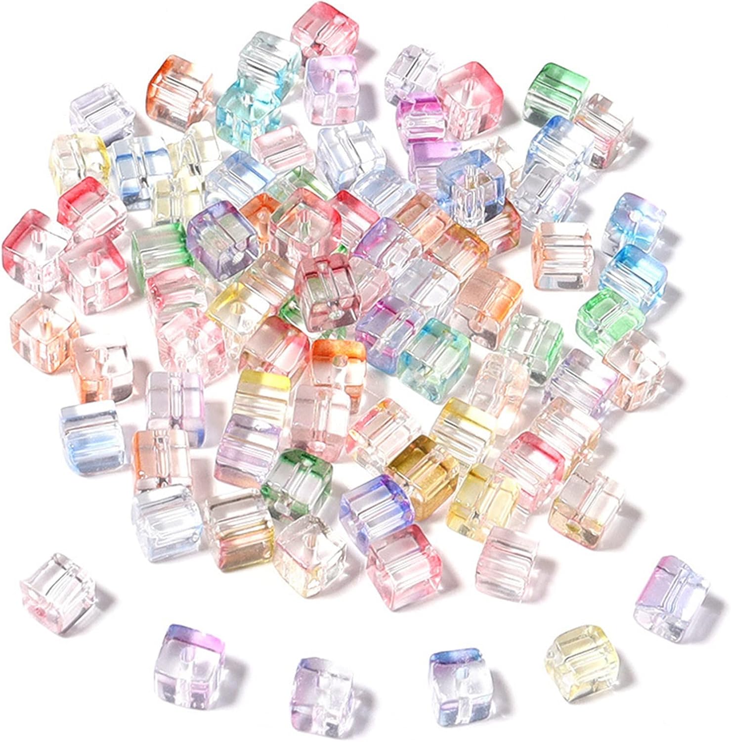 200pcs 7mm Multicolor Clear Cube Crystal Beads Transparent Square Glass Beads Bulk Assorted Spacer Beads Loose Glass Beads for Jewelry Making & Craftings Home Decoration