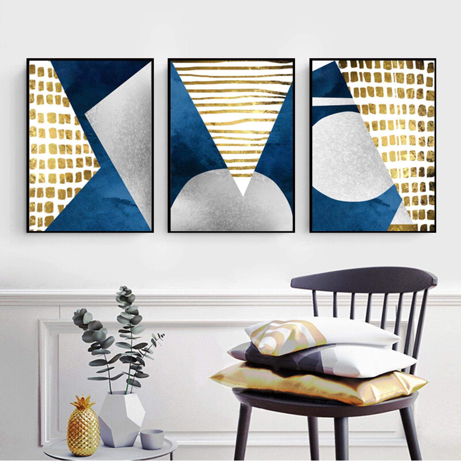 Abstrakte Aquarell Leinwand 70x100cm - 3-teiliges Set, Blauer Rost Style, Rahmenlos