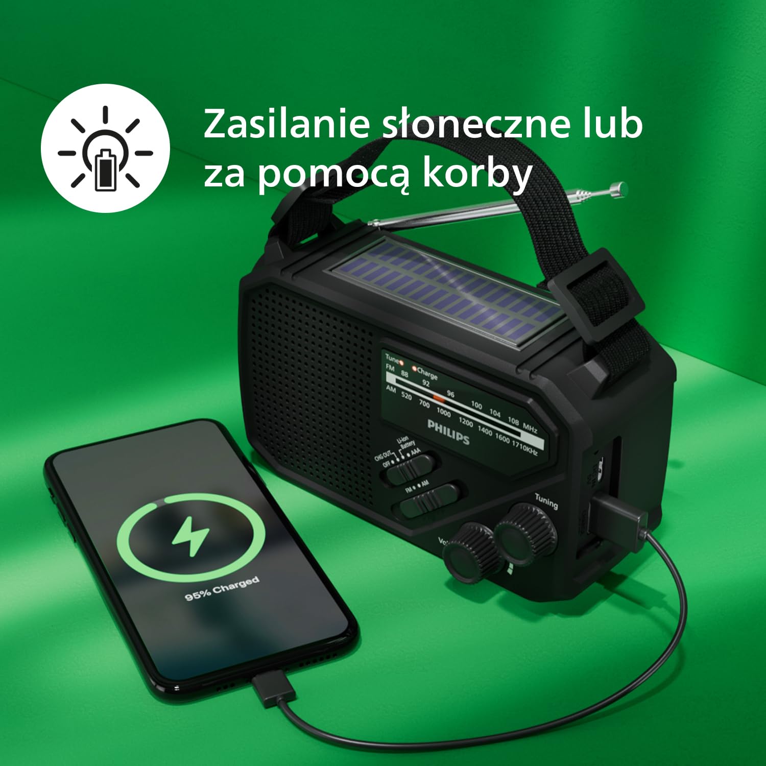 Philips TAR1609 – przenośne radio FM/AM z akumulatorem, komorą na baterie AAA i korbą, zasilaniem z paneli słonecznych, lampką LED i latarką, przydatne na biwaku, w czasie wędrówek i awarii energii