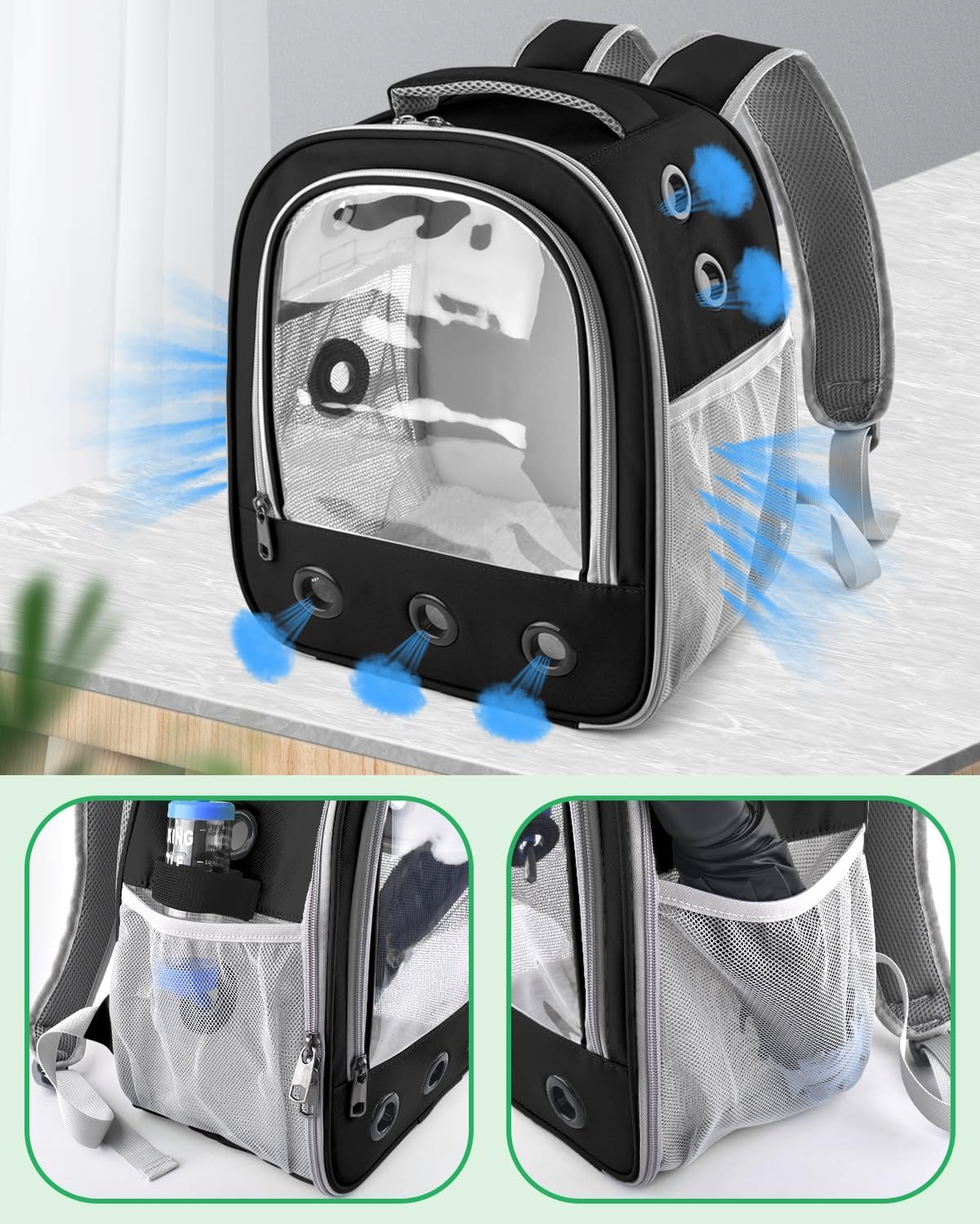 Sac à dos pour cochon d'Inde - Sac de voyage portable pour petits animaux - Sac de voyage avec porte-bouteille et support amovible (noir)