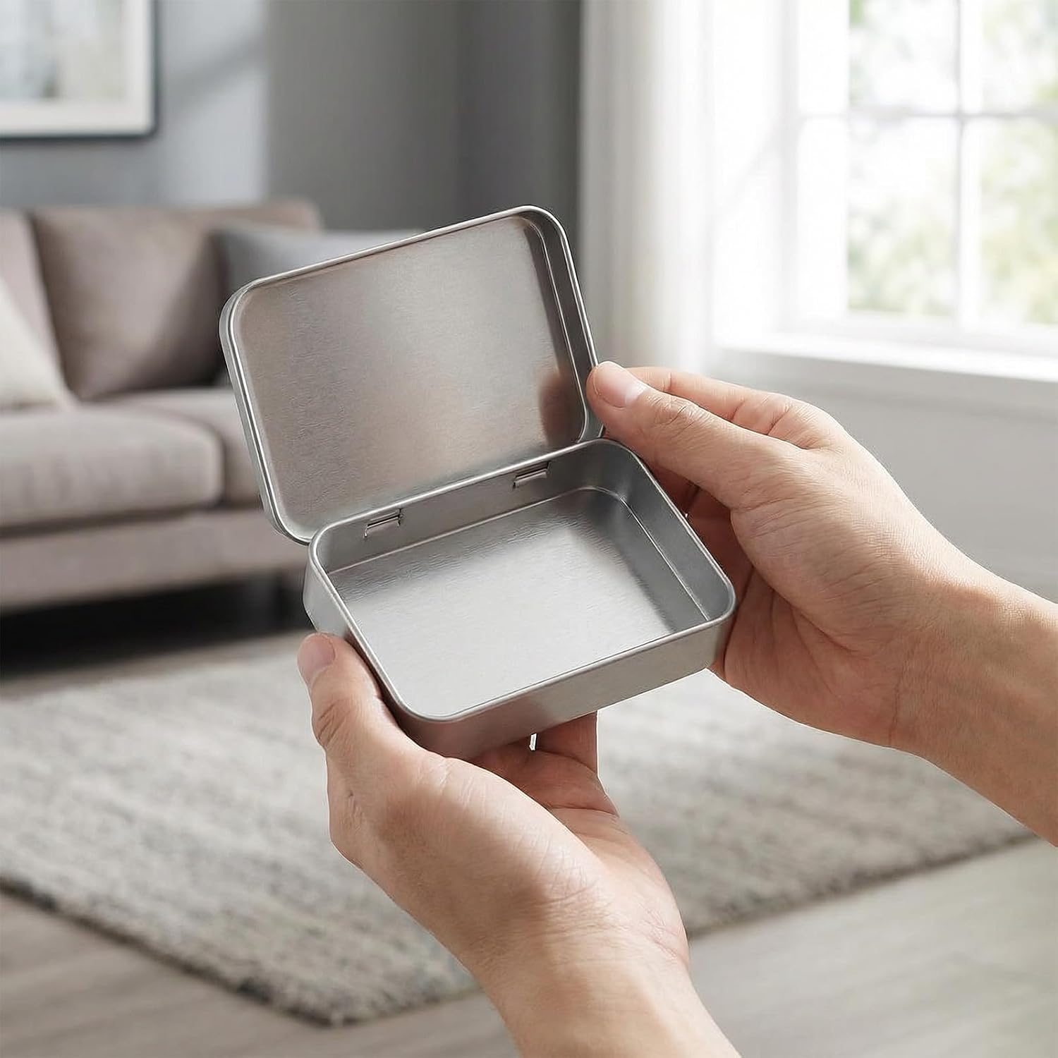 2 Pcs Metal Hinged Tin Box with Lids, Flip-Top Tin Rectangular Metal Tin Boxes Empty Hinged Tin-Container Silver Storage Tin-Case for Soaps Jewelry Eraser Candy Craft Organize, Silver