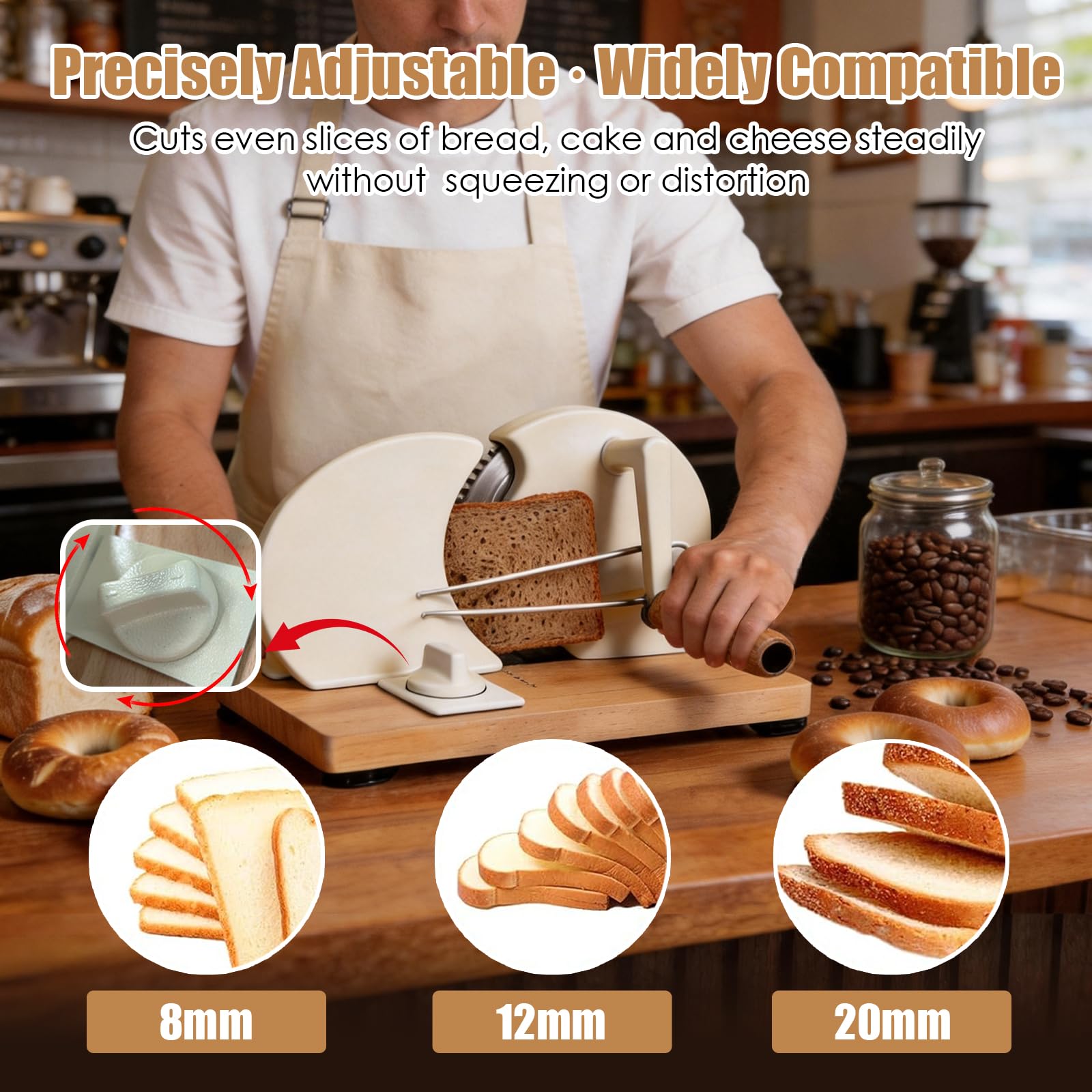 Trancheuse à Pain Manuelle, Coupe-Pain avec Socle en Bois & Lame Inoxydable Amovible, Épaisseur Réglable, Trancheuse à Pain pour Maison, Boulangerie & Café