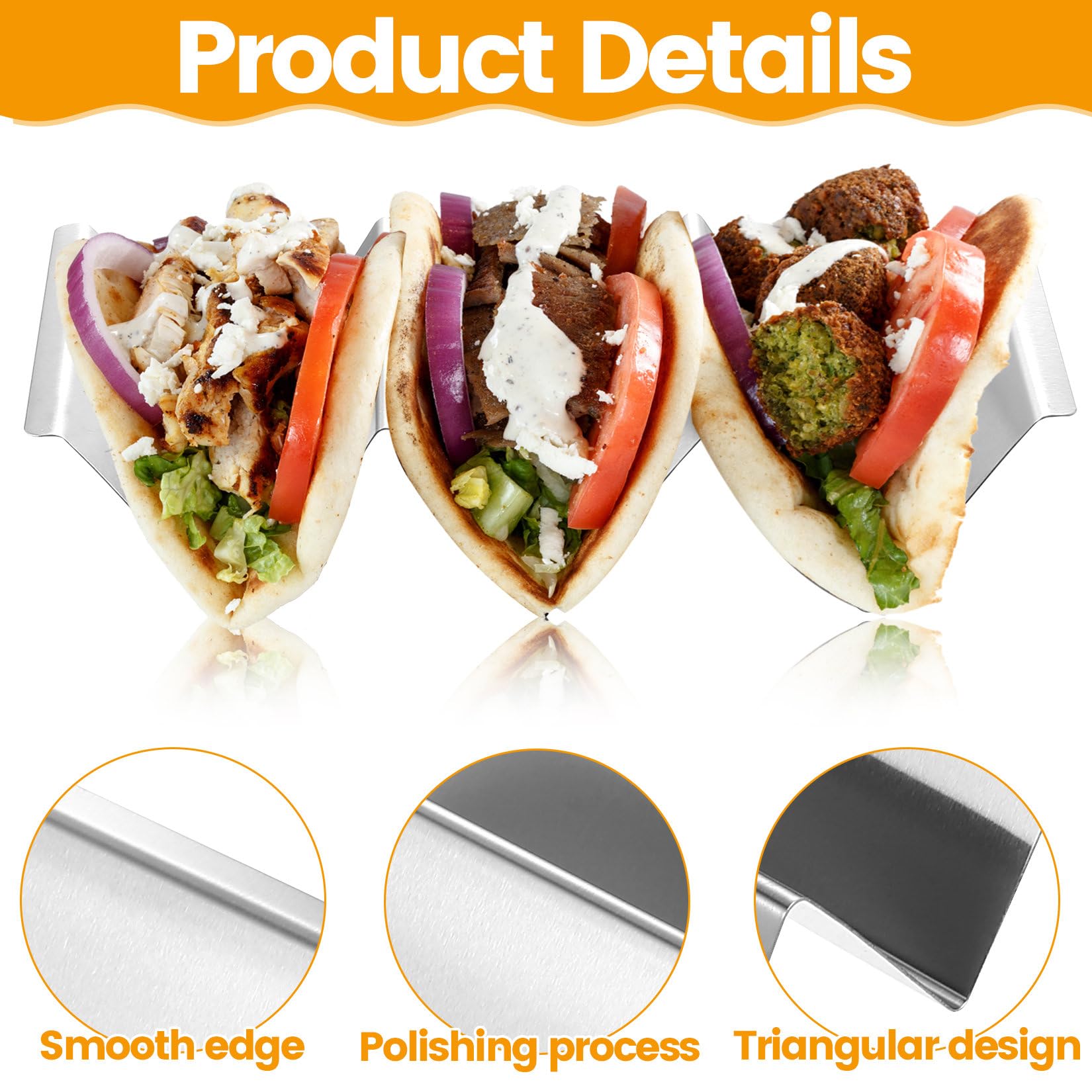 HAOCHEN 6 Pcs Soporte para Tacos, Soporte de Taco de Acero Inoxidable, Bandeja para Taco con Asas, para Hot Dogs, Tortillas, Sándwiches, Panqueques