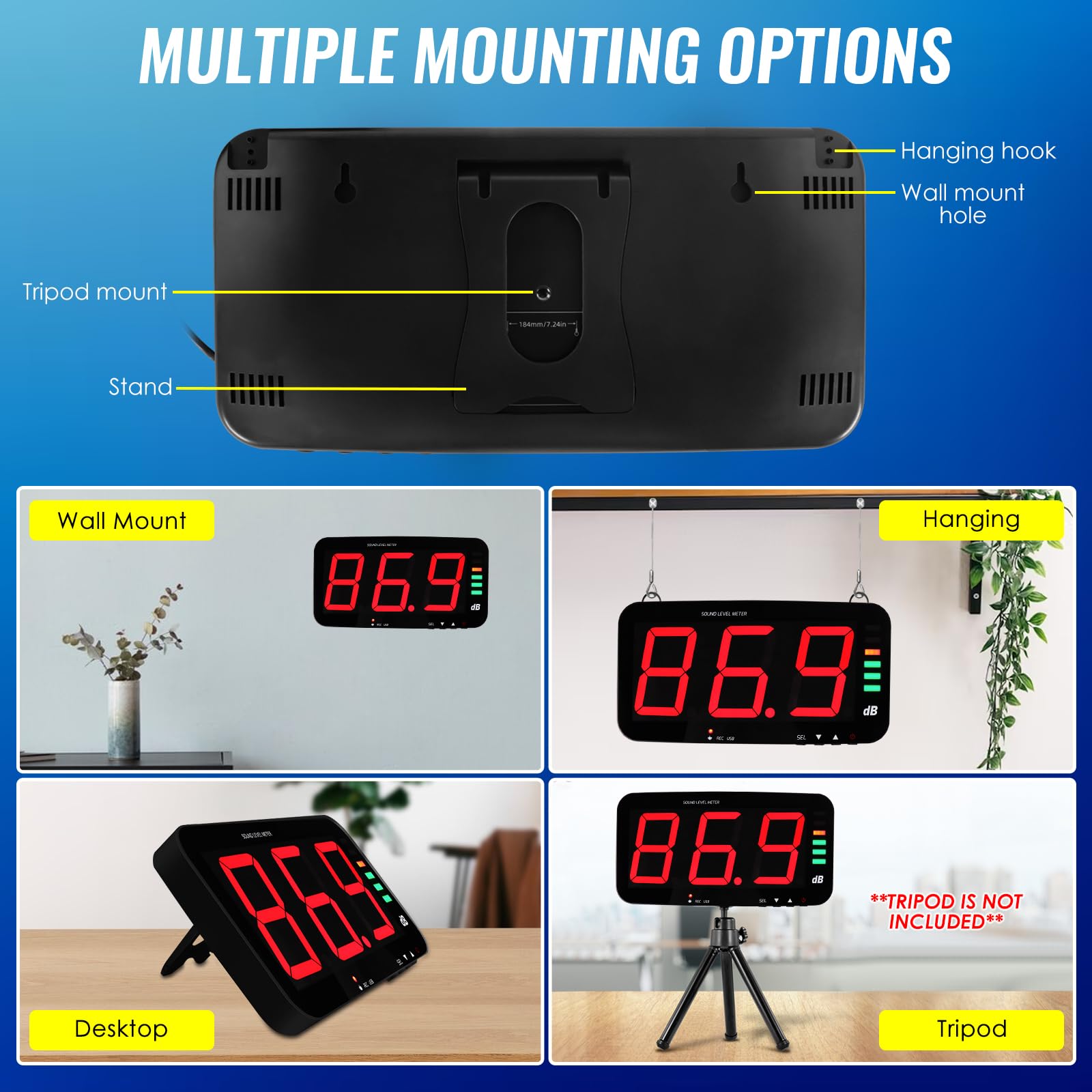 Decibel, misuratore di livello sonoro con registrazione dati, misuratore di rumore da parete con ampio display LCD da 13", sensore con cavo da 2 m, uscita allarme per misurazione e registrazione del