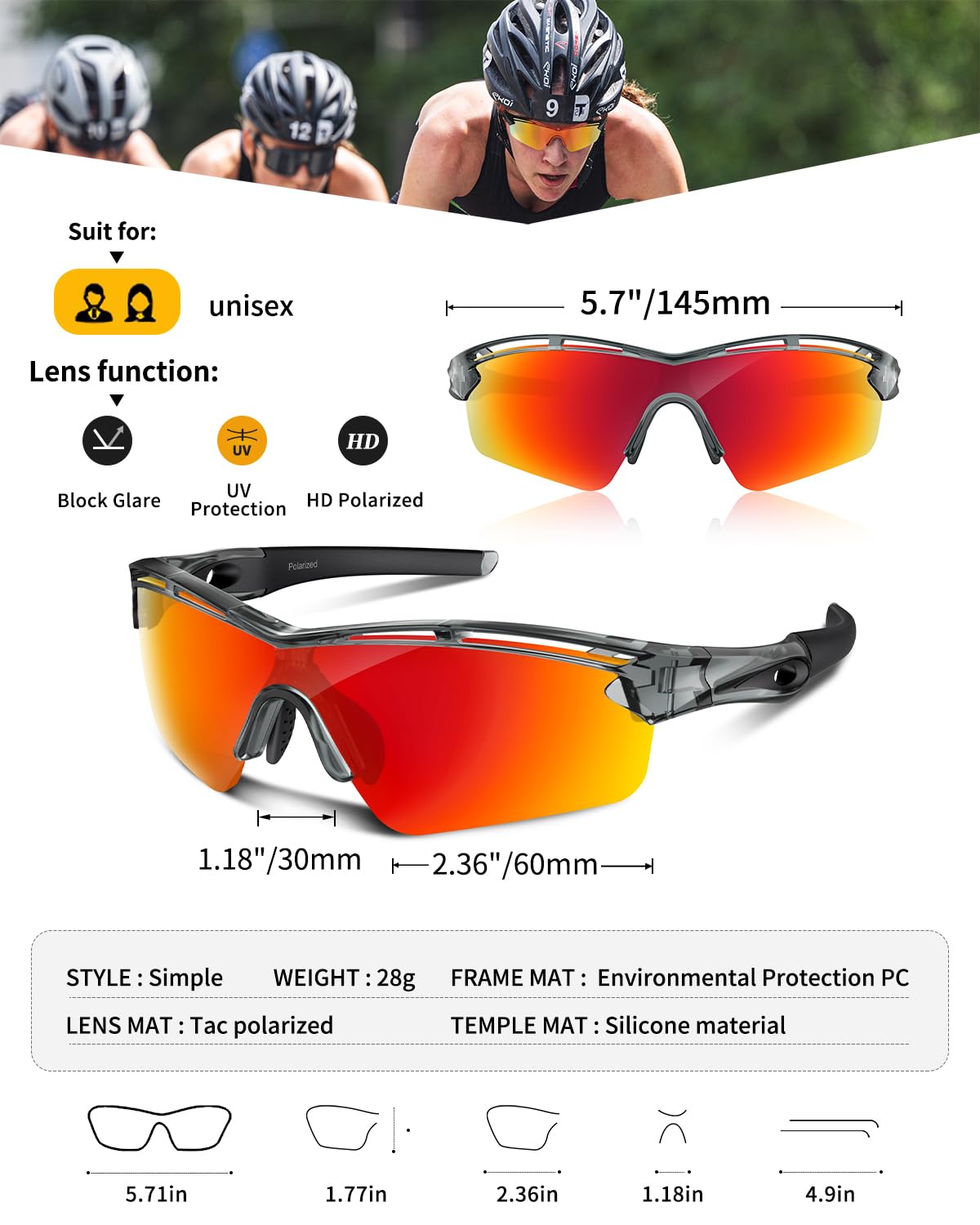 Spolaryzowane sportowe okulary przeciwsłoneczne dla mężczyzn i kobiet, młodzieży, baseballu, jazdy na rowerze, biegania, jazdy samochodem, wędkowania, tenisa, golfa, silnika TAC, UV400, TR90