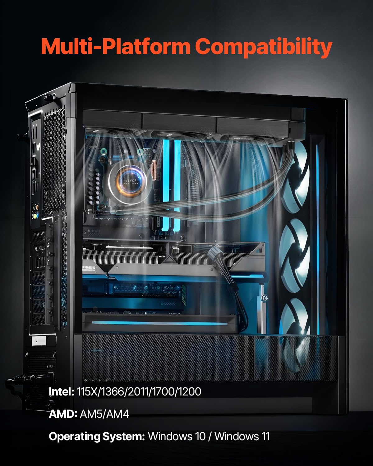 VEVOR Dissipatore di Calore a Liquido per AIO CPU, 3 Ventole PWN Raffreddamento da 120 mm e Pompa, con Display LCD da 283 x 120 x 56 mm, per Intel 115X/1366/2011/1700/1200, AMD AM4/AM5