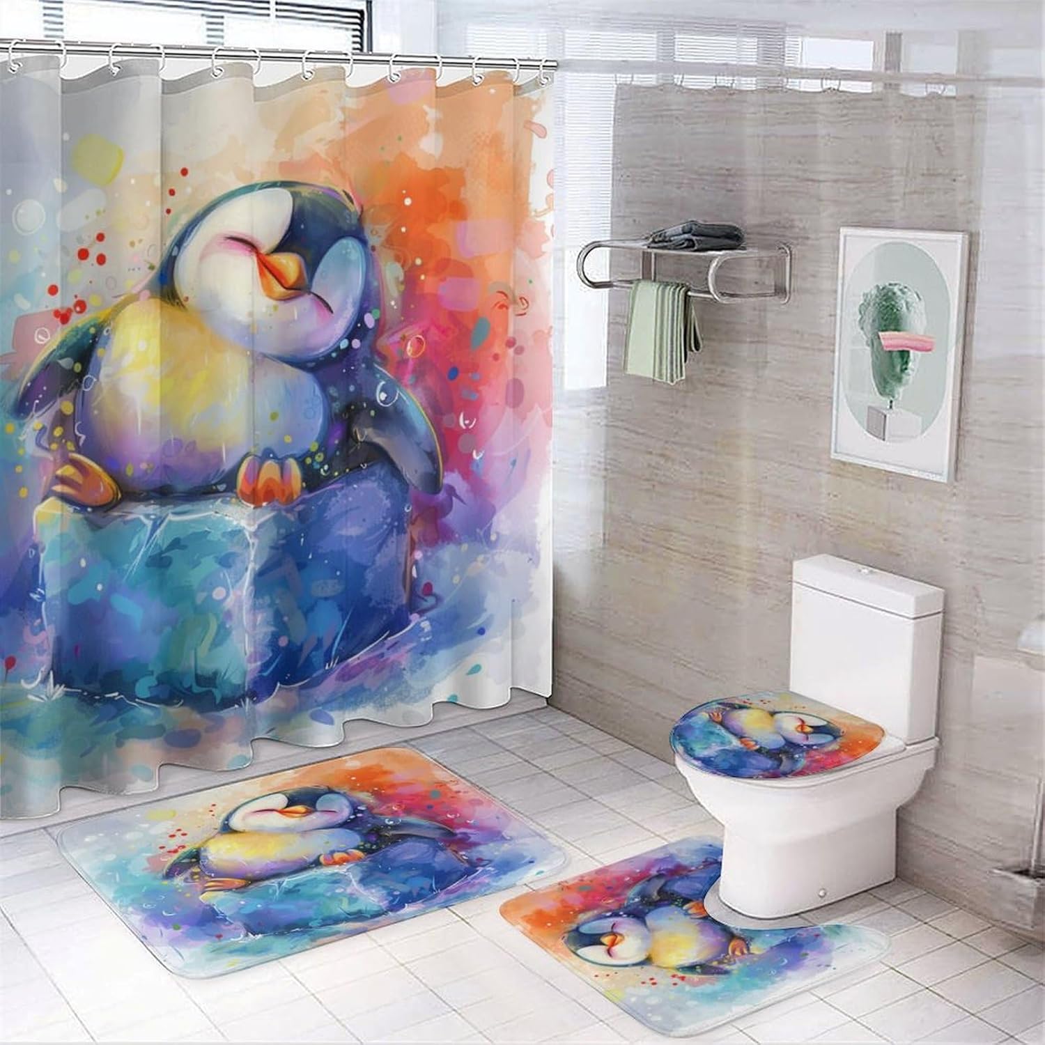4Pcs Colorful Antarctic Penguin Shower Curtain Sets Bathroom Decor, Cartoon Animal Watercolor Shower Curtain with Non Slip Rug, Toilet Lid Cover, Bath Mat and 12 Hooks 72W x 72L