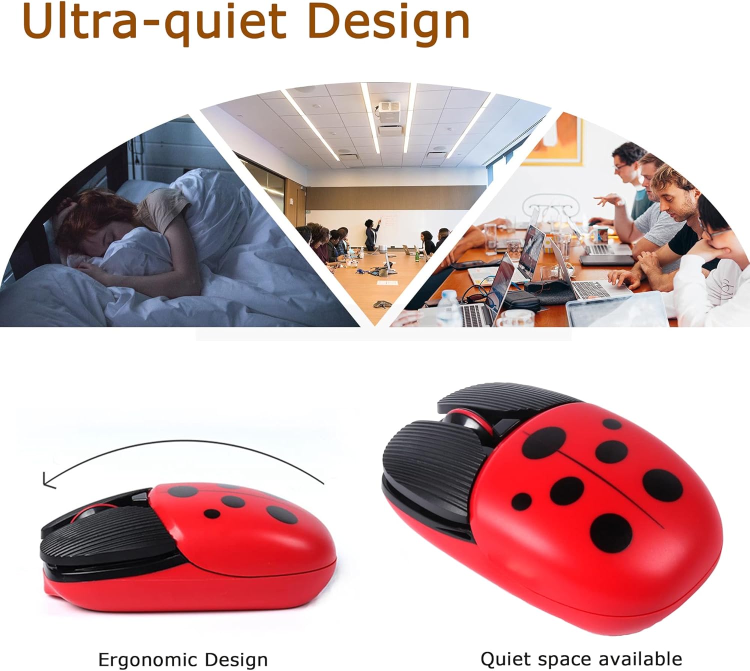 Wireless Mouse, 2.4G Rechargeable Cute Animal Ladybug Pattern, 4 Buttons 1600 DPI Optical Silent Cordless Mice, USB Portable Cordless Mouse for Computer/Laptop/PC/Mac/Notebook