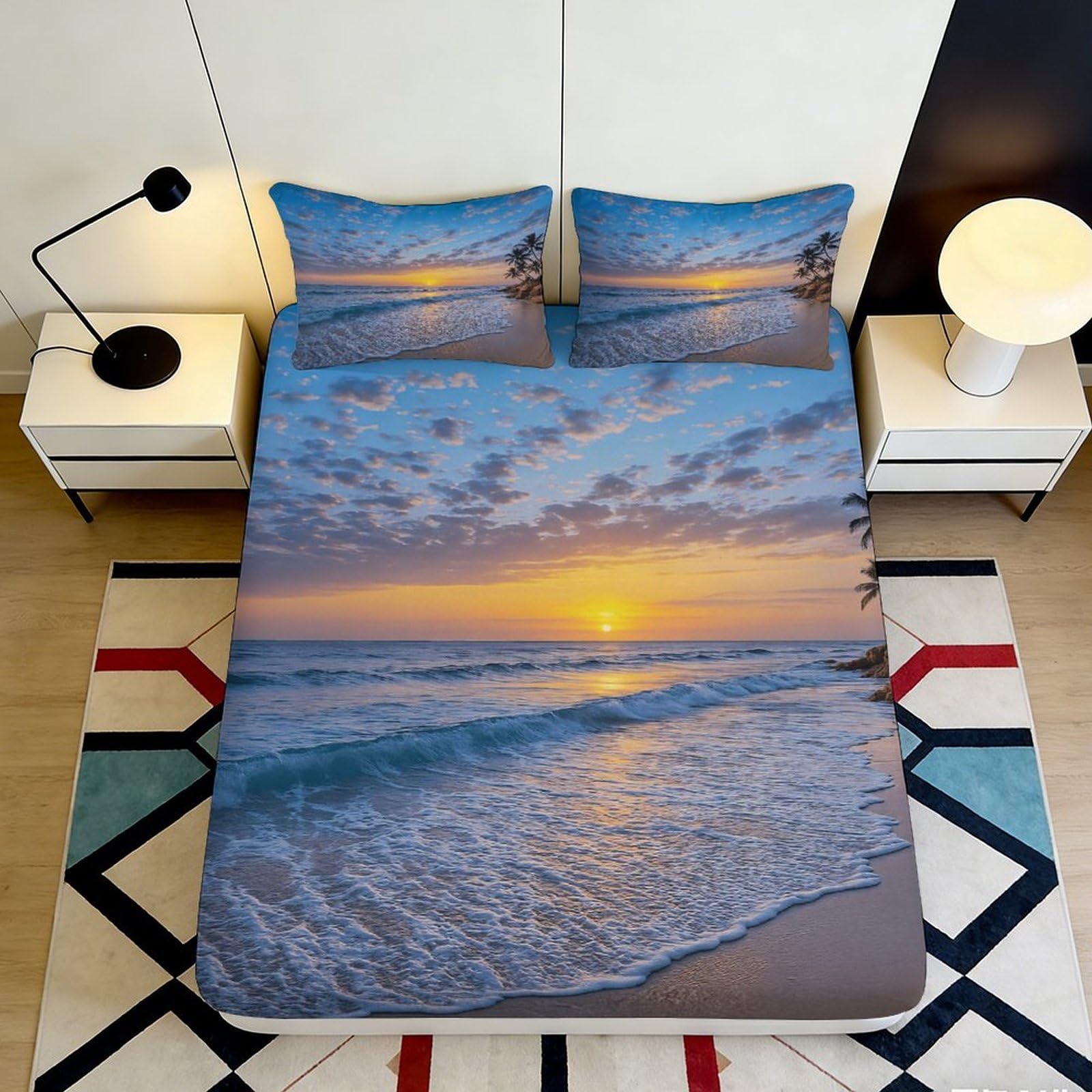 3D Printed Ocean Sunset Fitted Sheet Microfiber Soft Breathable Beach Scene Mattress Cover for Bedroom Dormitory Guest Room Mattress Protection Decor 120x200x25cm