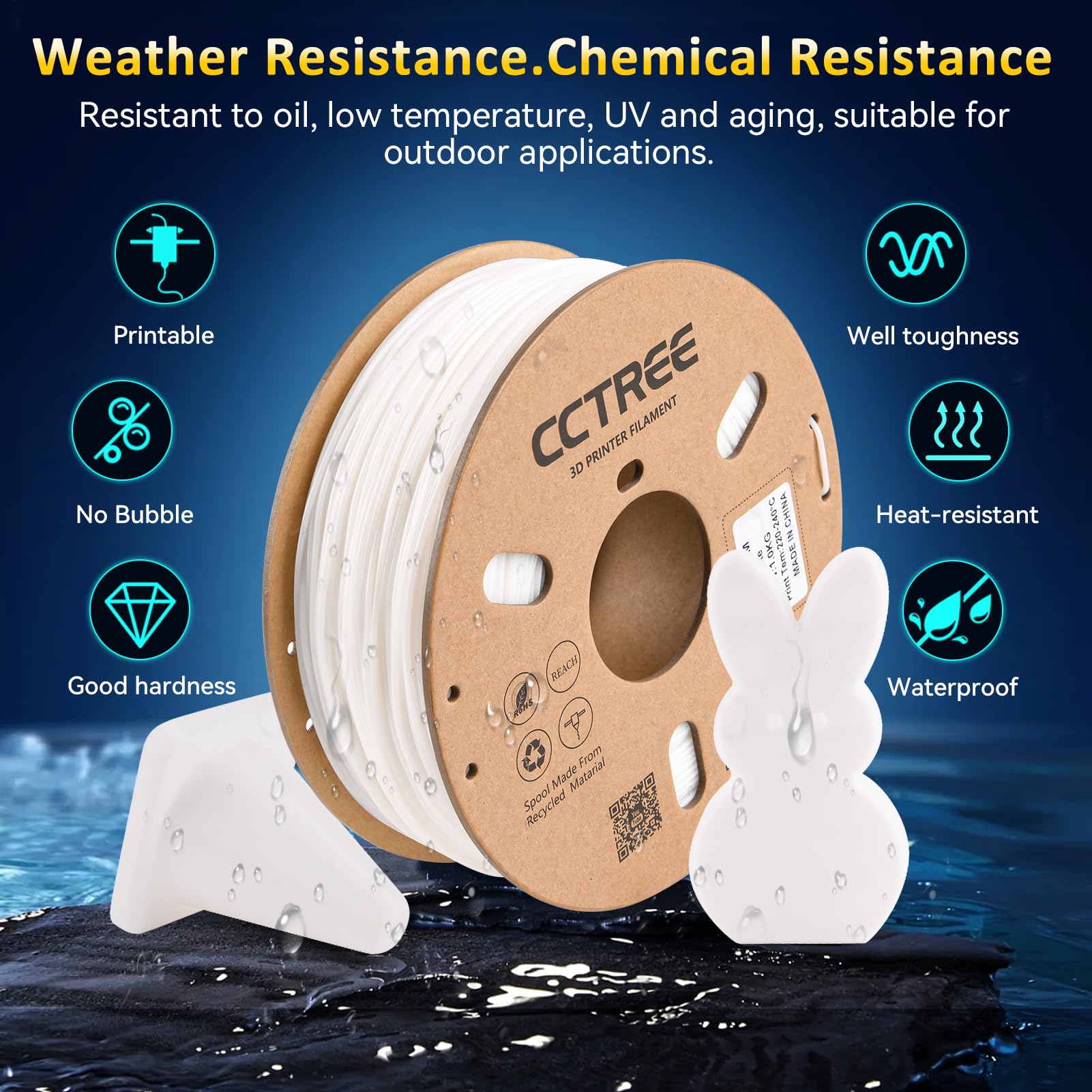 CCTREE Filament TPU flexible de 1,75 mm pour impression 3D, 1 kg, précision dimensionnelle +/- 0,03 mm, dureté Shore 100 A, filament TPU flexible compatible avec la plupart des imprimantes 3D FDM