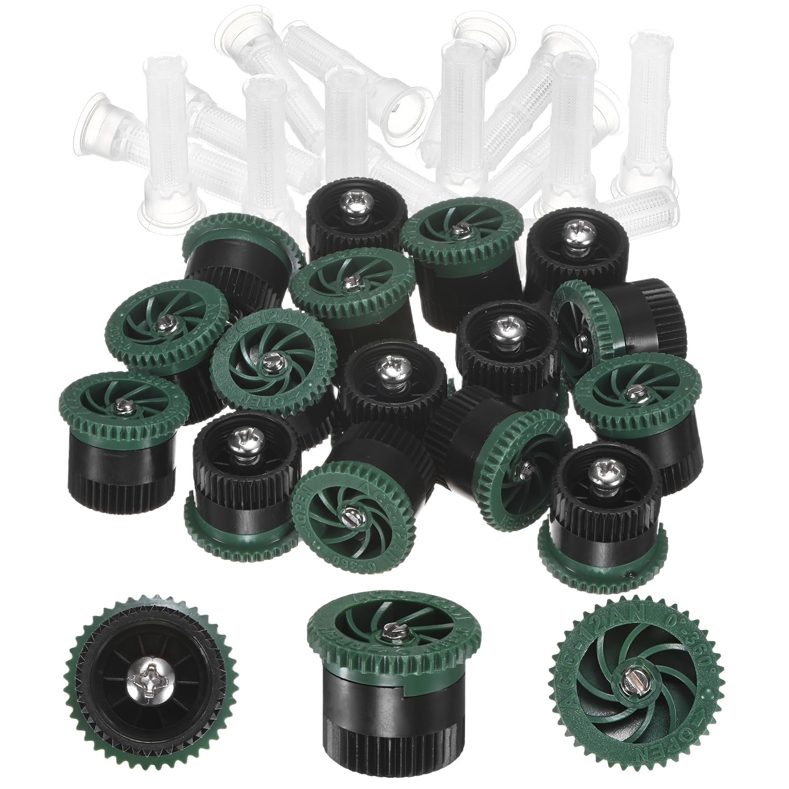 M METERXITY 16-Pack 4A Variable Arc Nozzle, 0.94 In/2.4 cm Sprinkler Heads Replacement 9 to 12 Ft Radius with 16 Filter for Gardens/Lawns [12Van,Black & Dark Green]