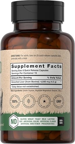 Miniatura 2 de Horbäach Hígado de res alimentado con pasto  4500 mg  90 cápsulas  Desecado, criado en pasto, sin granos, suplemento sin OMG