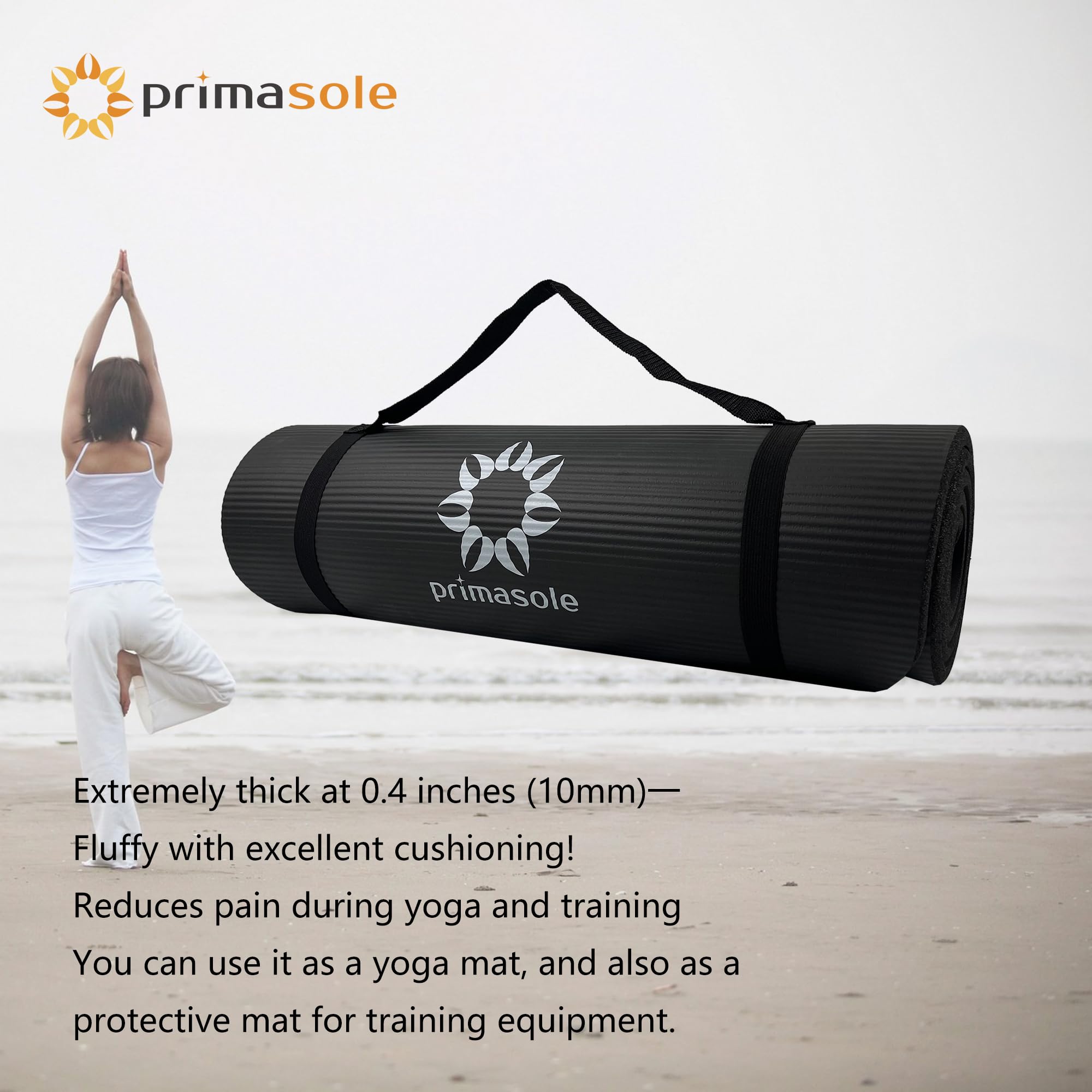 Primasol - Esterilla de yoga, 0.4 pulgadas (10 mm), 0.6 pulgadas (15 mm), gruesa y ancha, esterilla de ejercicio, fitness, pilates, entrenamiento muscular
